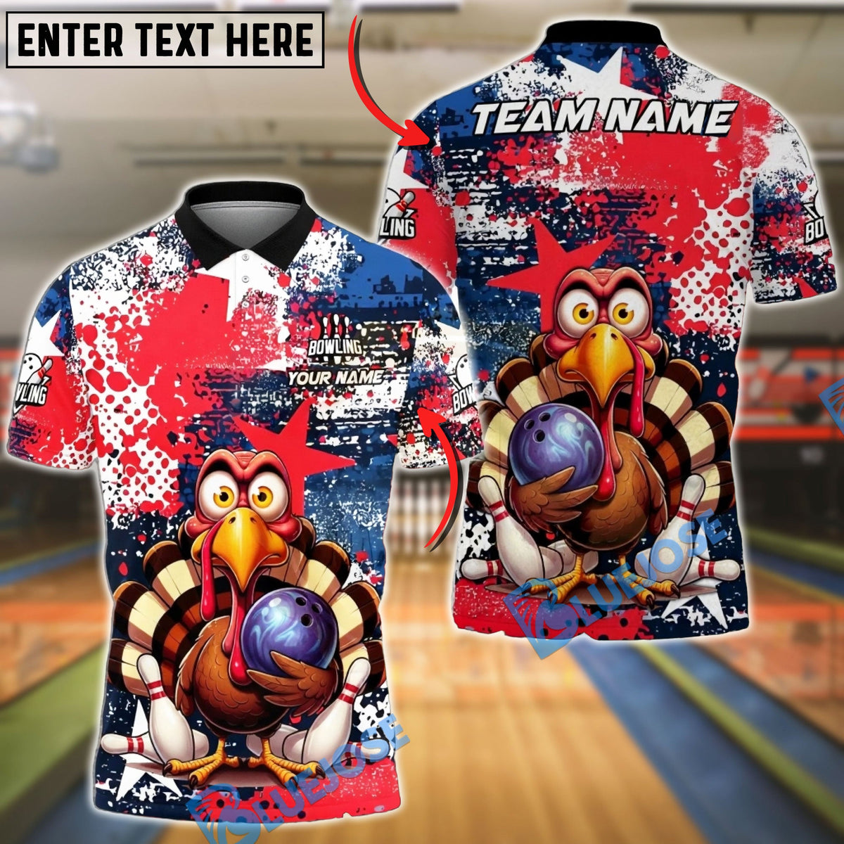 BlueJose Bowling Patriotic Turkey Star Splatter Personalized Name, Team Name 3D Shirt