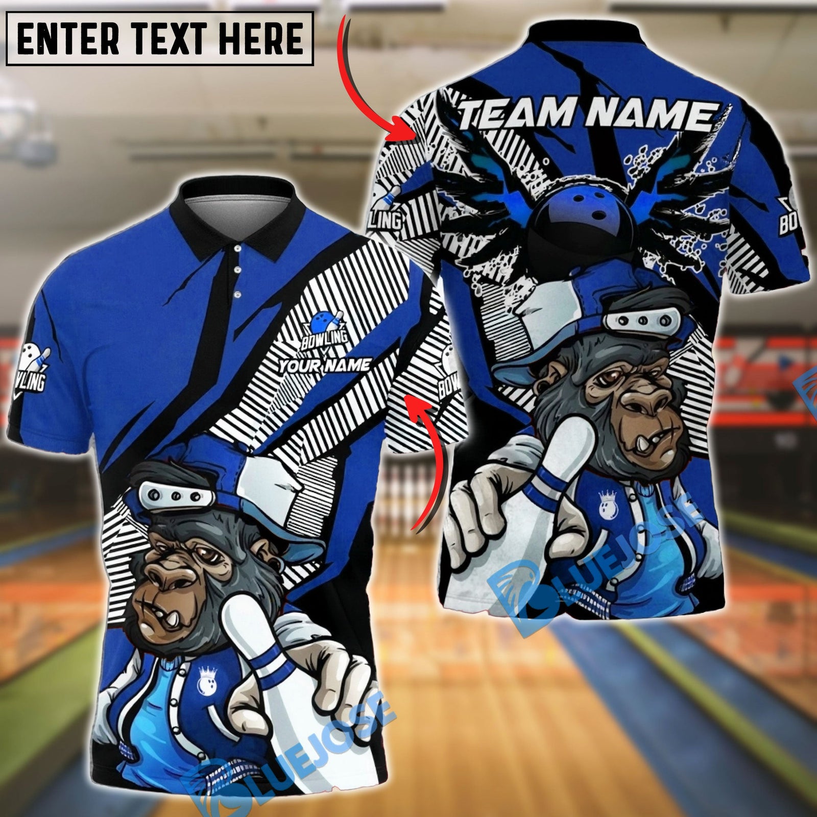 BlueJose Bowling & Pins Cool Gorilla Varsity Customized Name, Team Name 3D Shirt (4 Colors)