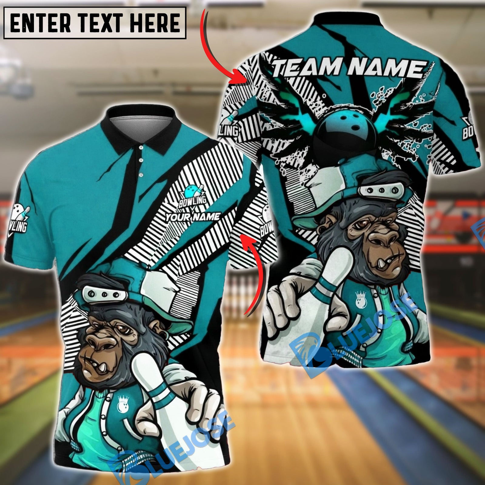 BlueJose Bowling & Pins Cool Gorilla Varsity Customized Name, Team Name 3D Shirt (4 Colors)