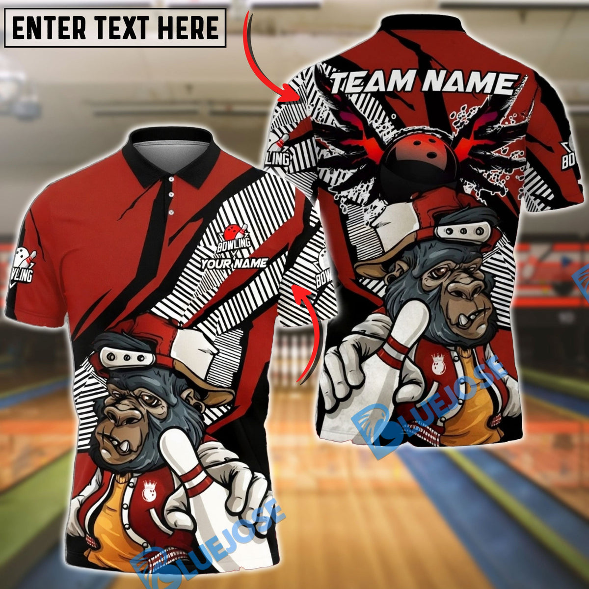 BlueJose Bowling &amp; Pins Cool Gorilla Varsity Customized Name, Team Name 3D Shirt (4 Colors)
