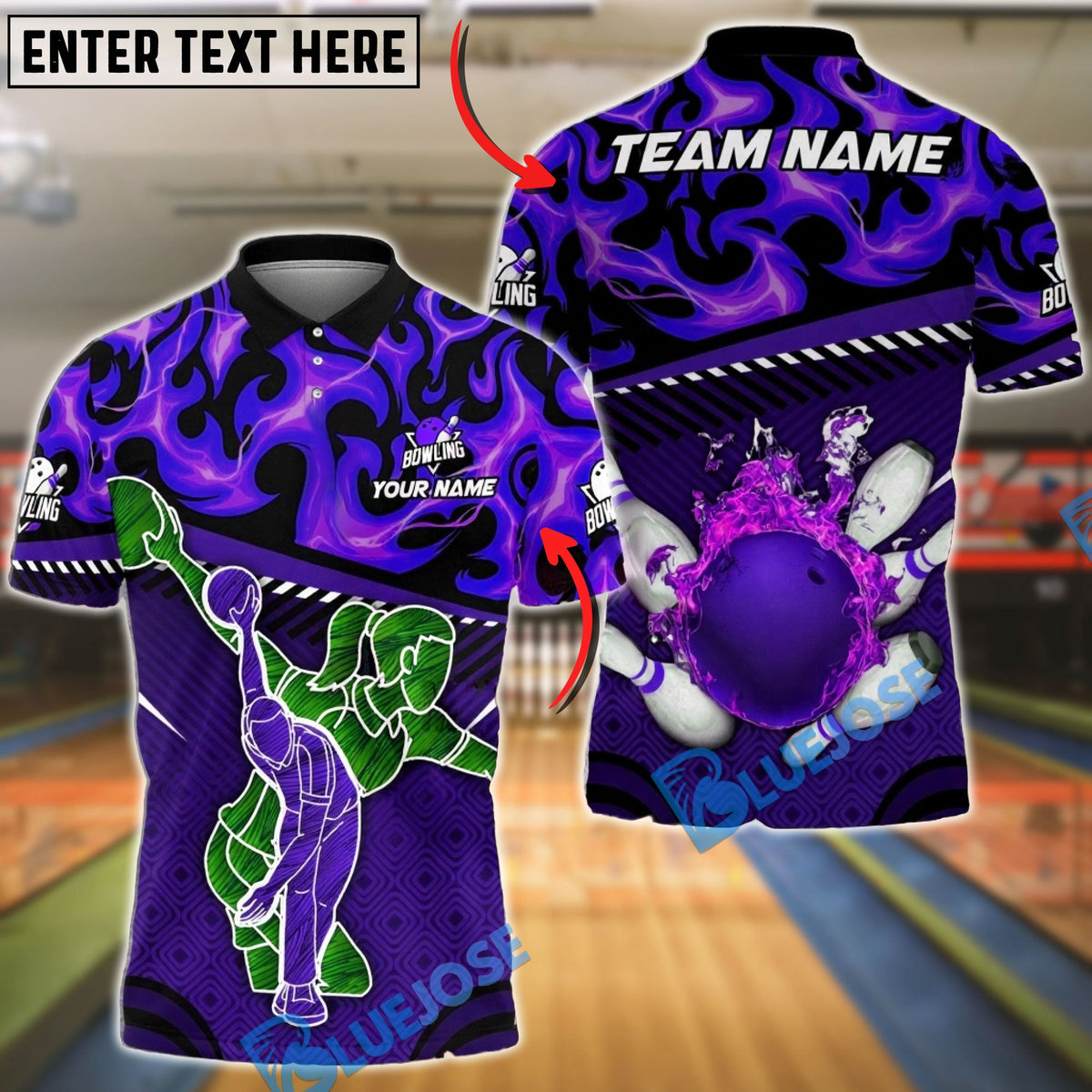 BlueJose Bowling & Pins Fire Flame Bowler Silhouette Customized Name, Team Name 3D Shirt (4 Colors)