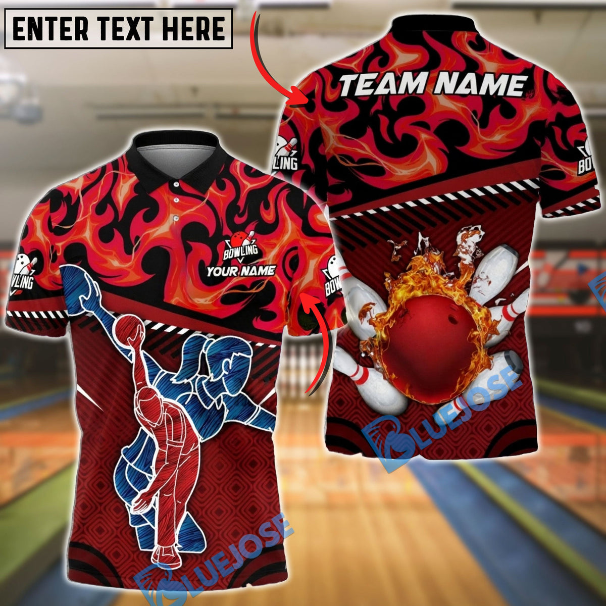 BlueJose Bowling &amp; Pins Fire Flame Bowler Silhouette Customized Name, Team Name 3D Shirt (4 Colors)