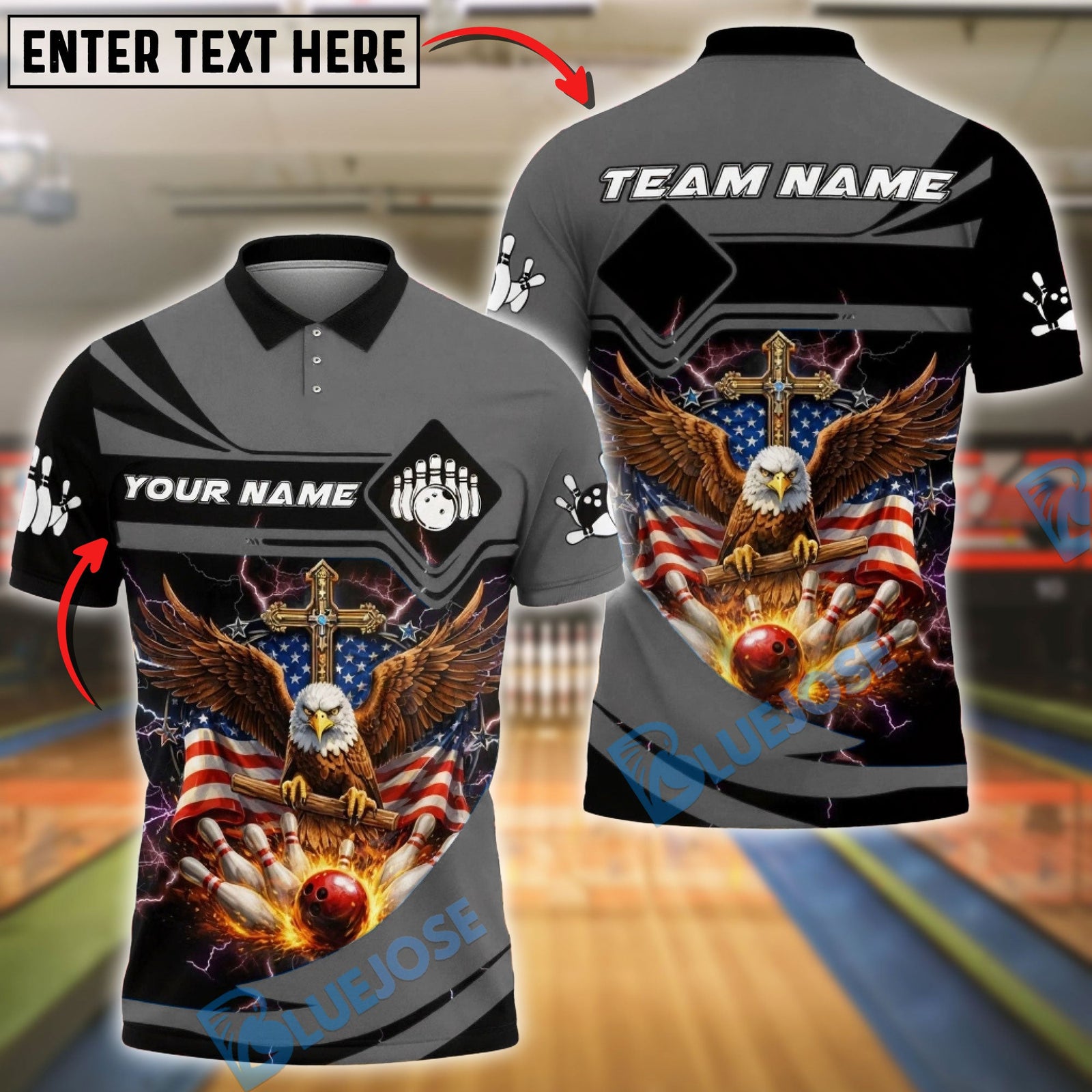 BlueJose Bowling & Pins Vintage USA Eagle Lightning Cross Strike Art Customized Name, Team Name 3D Shirt (6 Colors)