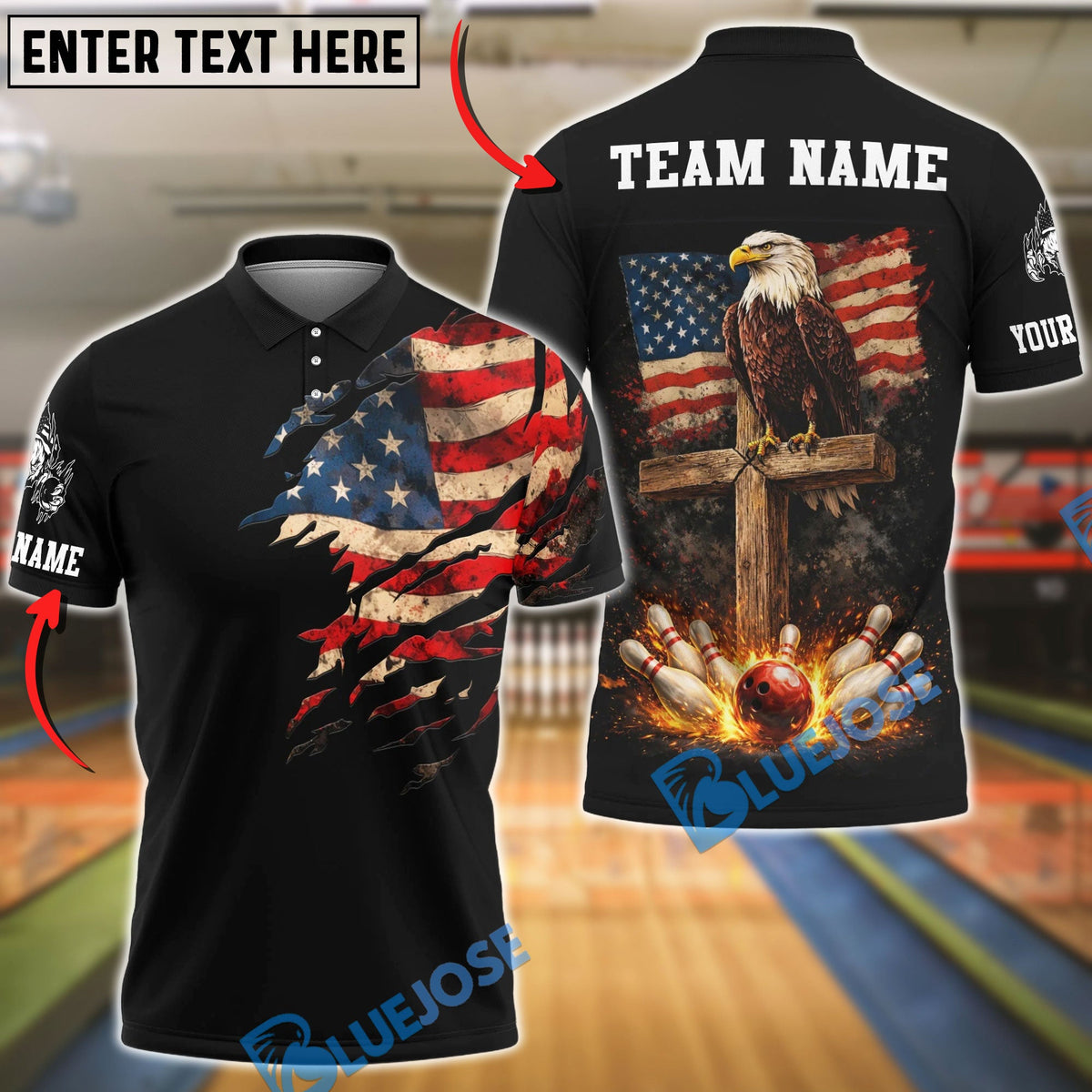 BlueJose Bowling Distressed American Flag Rip Shoulder &amp; Eagle Cross Strike Art Personalized Name, Team Name 3D Shirt