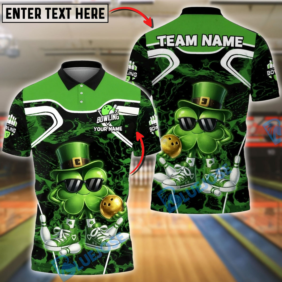 BlueJose Bowling St. Patrick Cool Shamrock Character Personalized Name, Team Name 3D Shirt