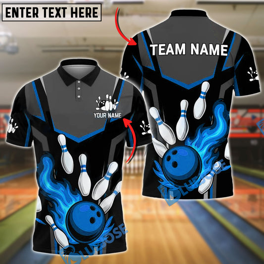 BlueJose Bowling And Pins Flaming Strike Customized Name, Team Name 3D Shirt (4 Colors)