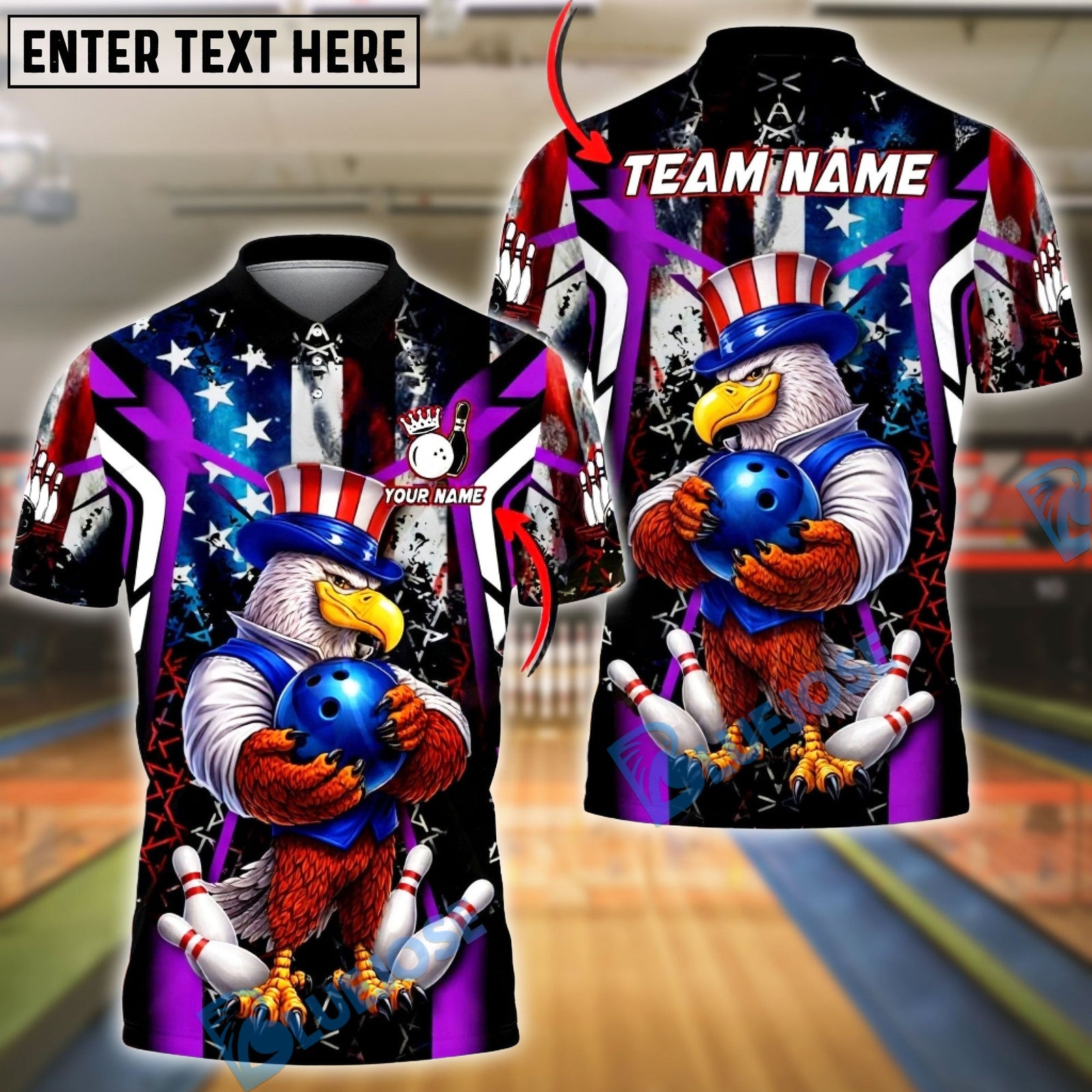 BlueJose Bowling & Pins American Flag Patriotic Eagle Strike Graphic Customized Name, Team Name 3D Shirt (4 Colors)