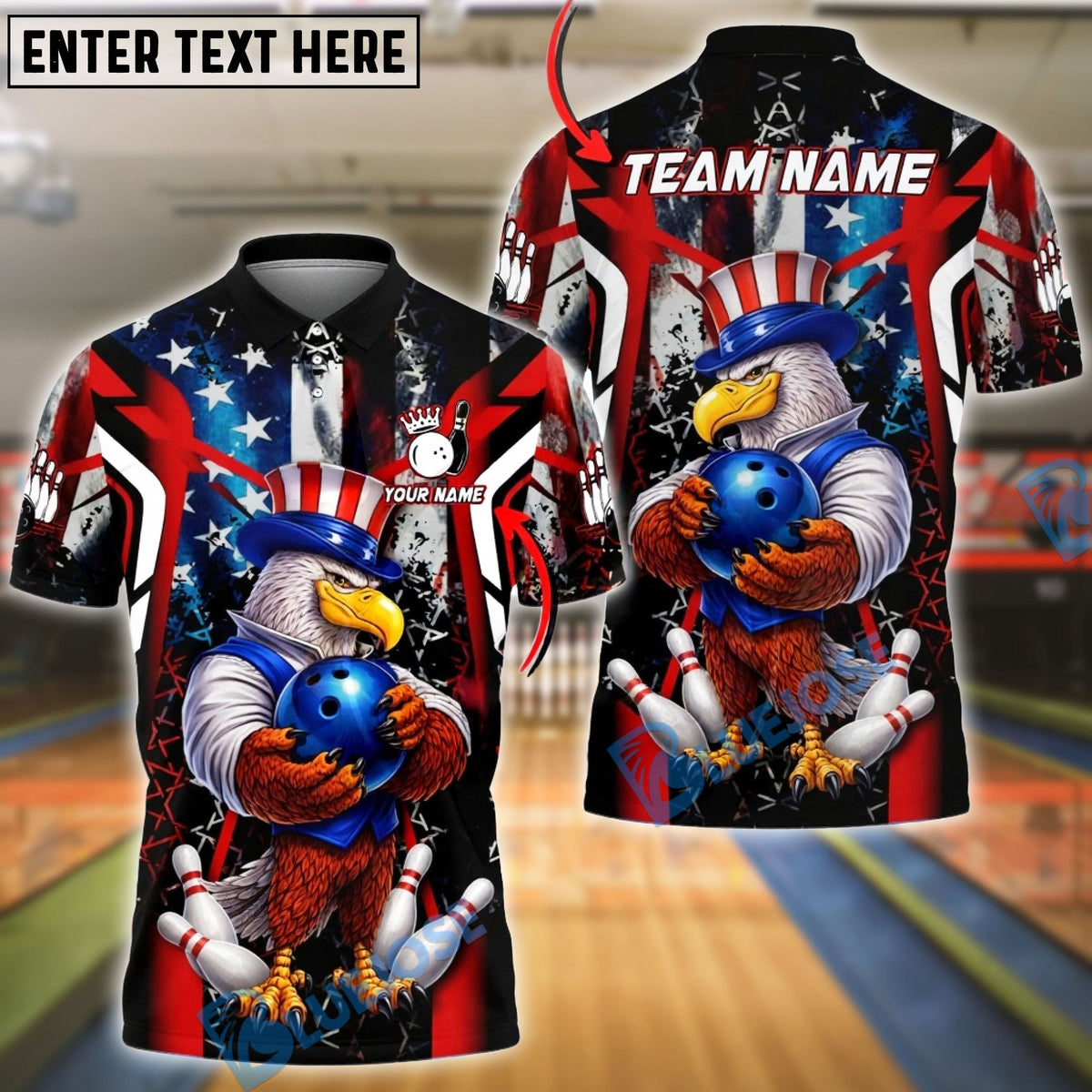 BlueJose Bowling &amp; Pins American Flag Patriotic Eagle Strike Graphic Customized Name, Team Name 3D Shirt (4 Colors)