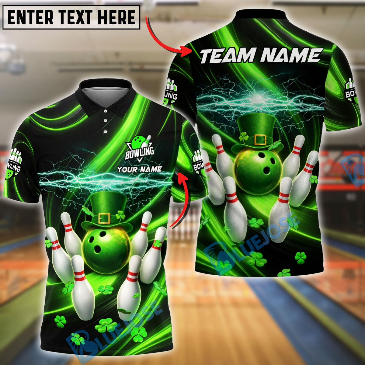 BlueJose Bowling St Patrick Irish Lightning Energy Strike Green Neon Personalized Name, Team Name 3D Shirt