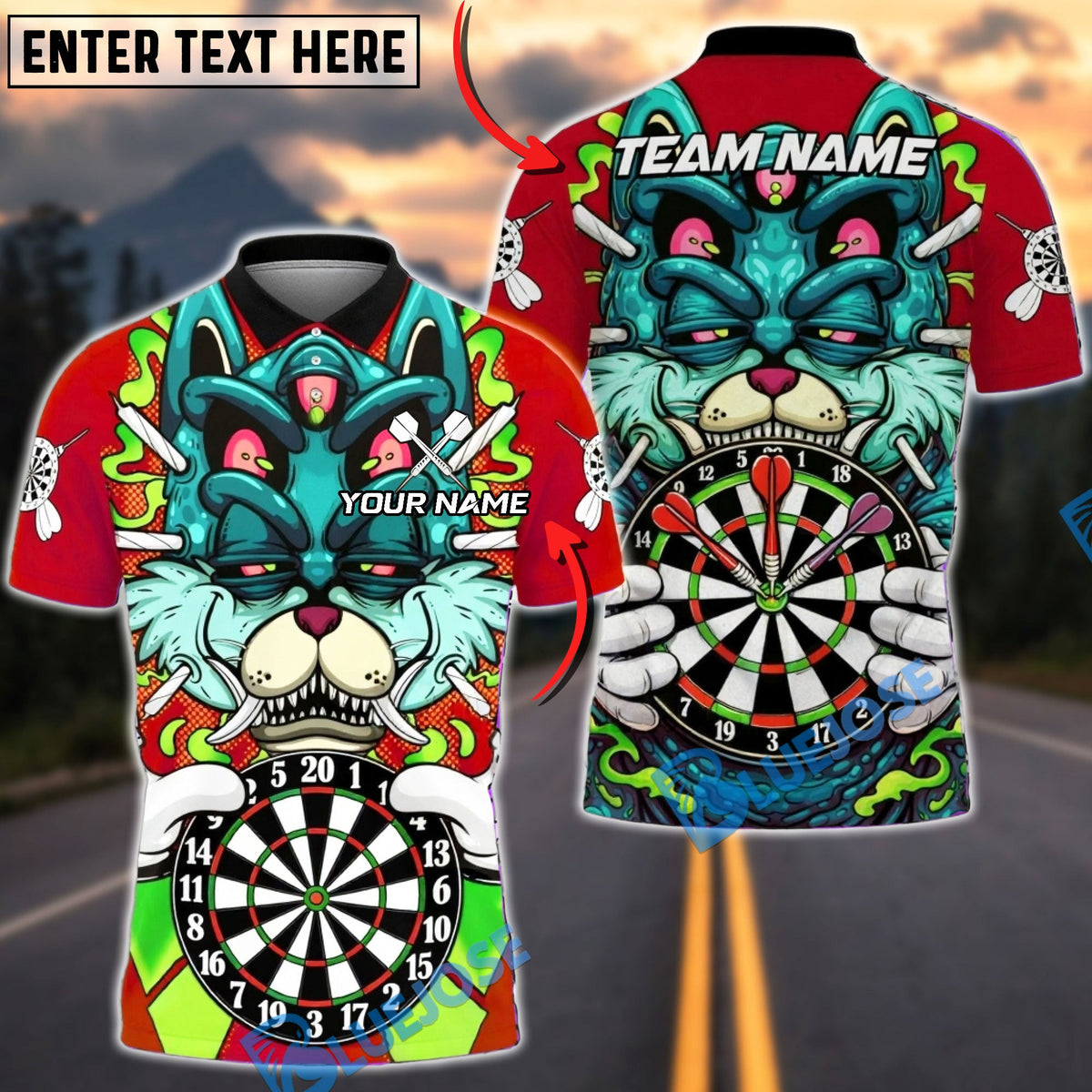 BlueJose Darts Monster Cat Board Graphic Multicolor Options Personalized Name Shirt (4 Colors)