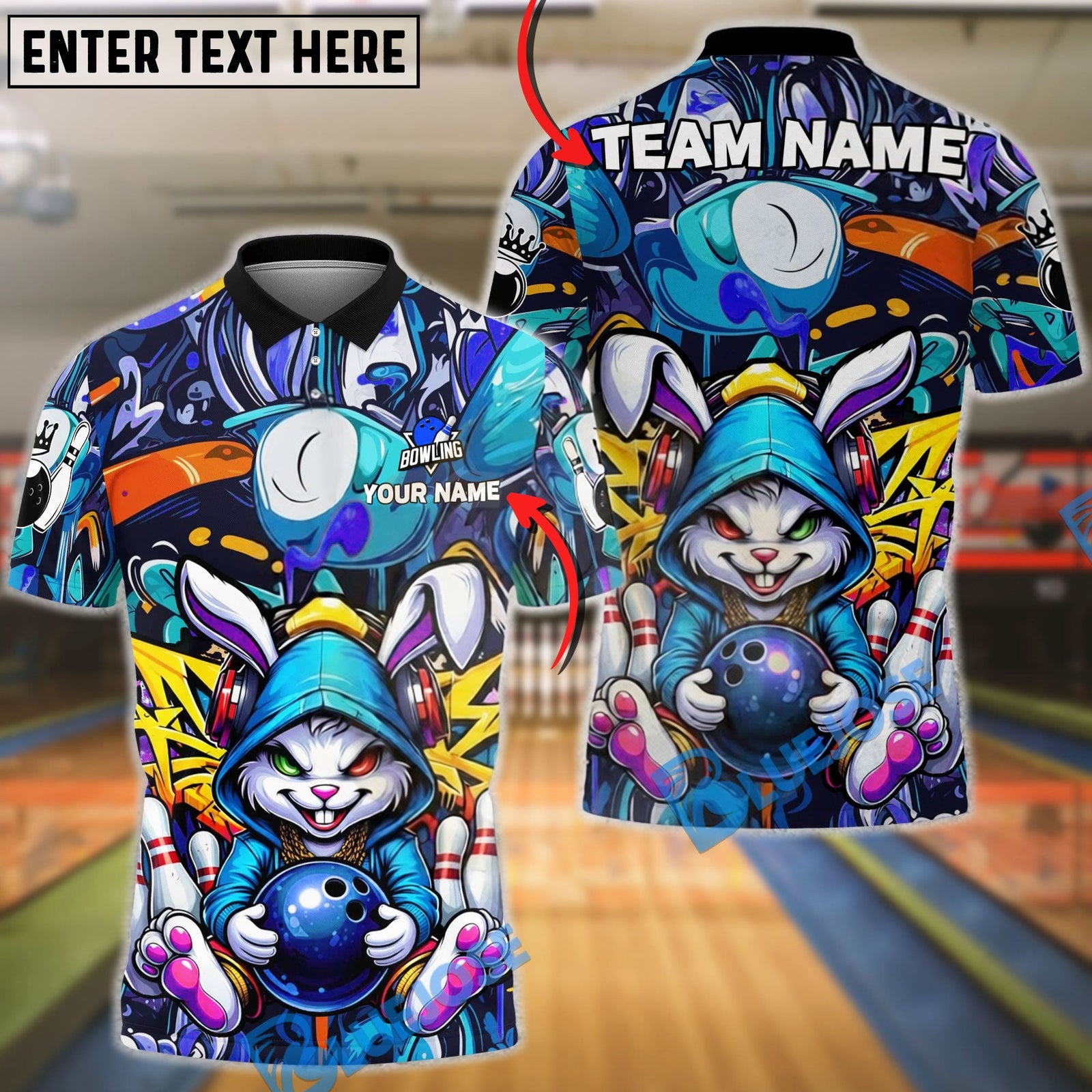 BlueJose Bowling & Pins Bunny Bowling Graffiti Hoodie Style Street Art Customized Name, Team Name 3D Shirt (4 Colors)