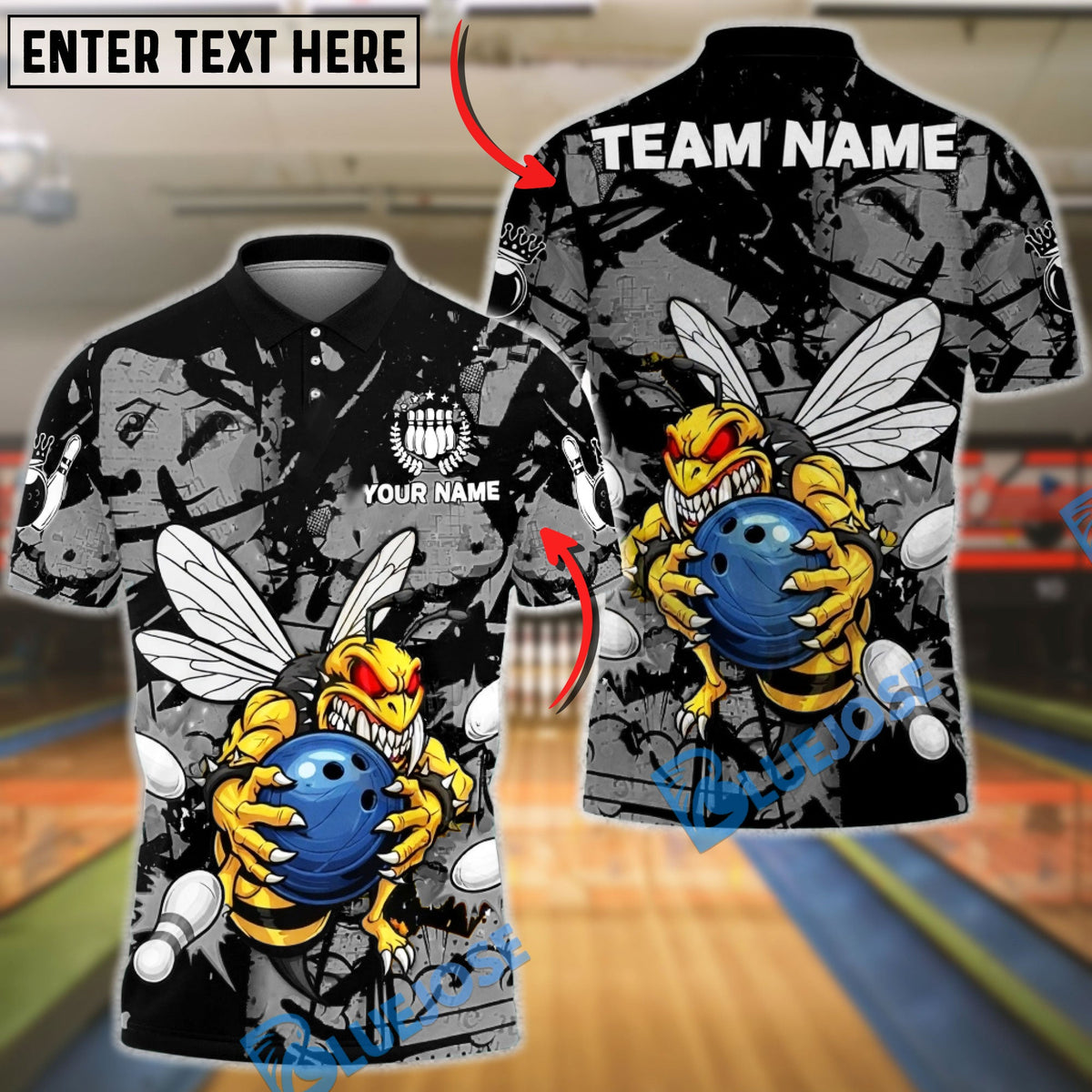 BlueJose Bowling & Pins Angry Bee Graffiti Splash Art Customized Name, Team Name 3D Shirt (6 Colors)