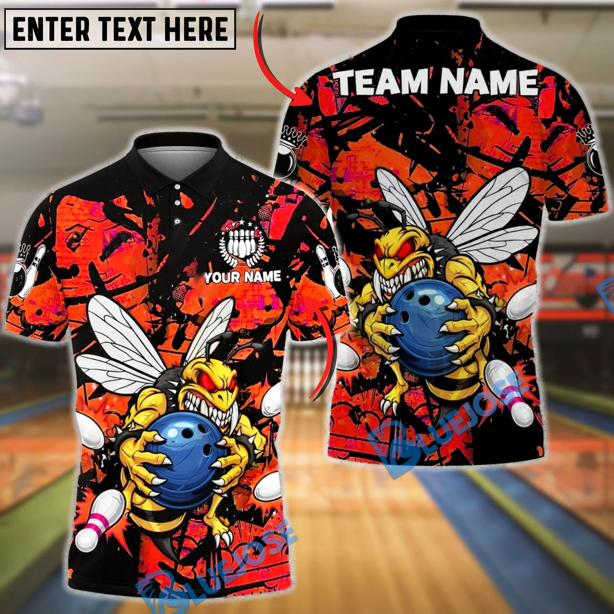 BlueJose Bowling &amp; Pins Angry Bee Graffiti Splash Art Customized Name, Team Name 3D Shirt (6 Colors)
