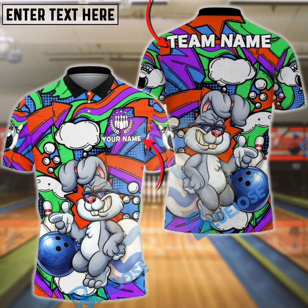 BlueJose Bowling &amp; Pins Cool Bunny Cartoon Pop Art Colorful Customized Name, Team Name 3D Shirt (4 Colors)