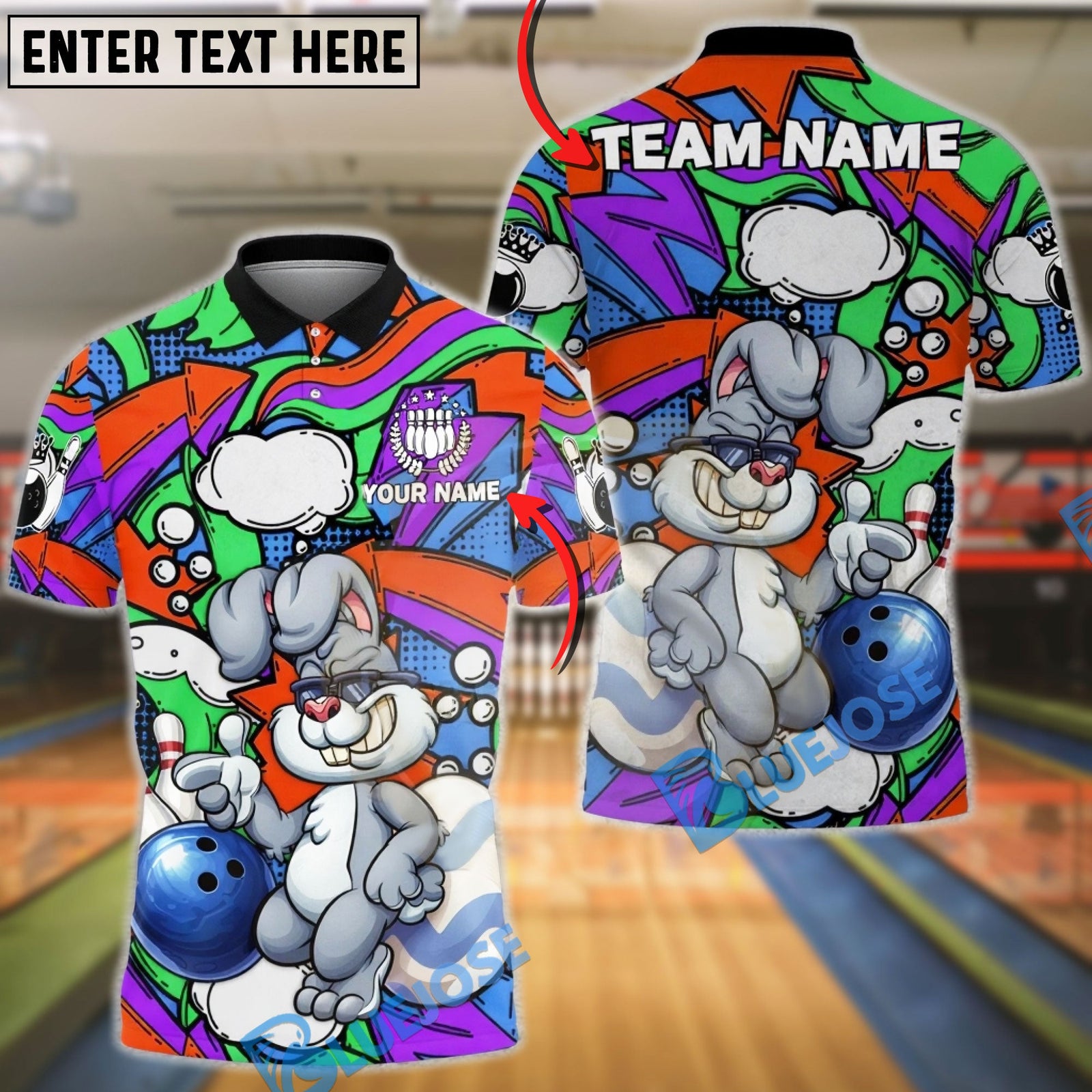 BlueJose Bowling & Pins Cool Bunny Cartoon Pop Art Colorful Customized Name, Team Name 3D Shirt (4 Colors)