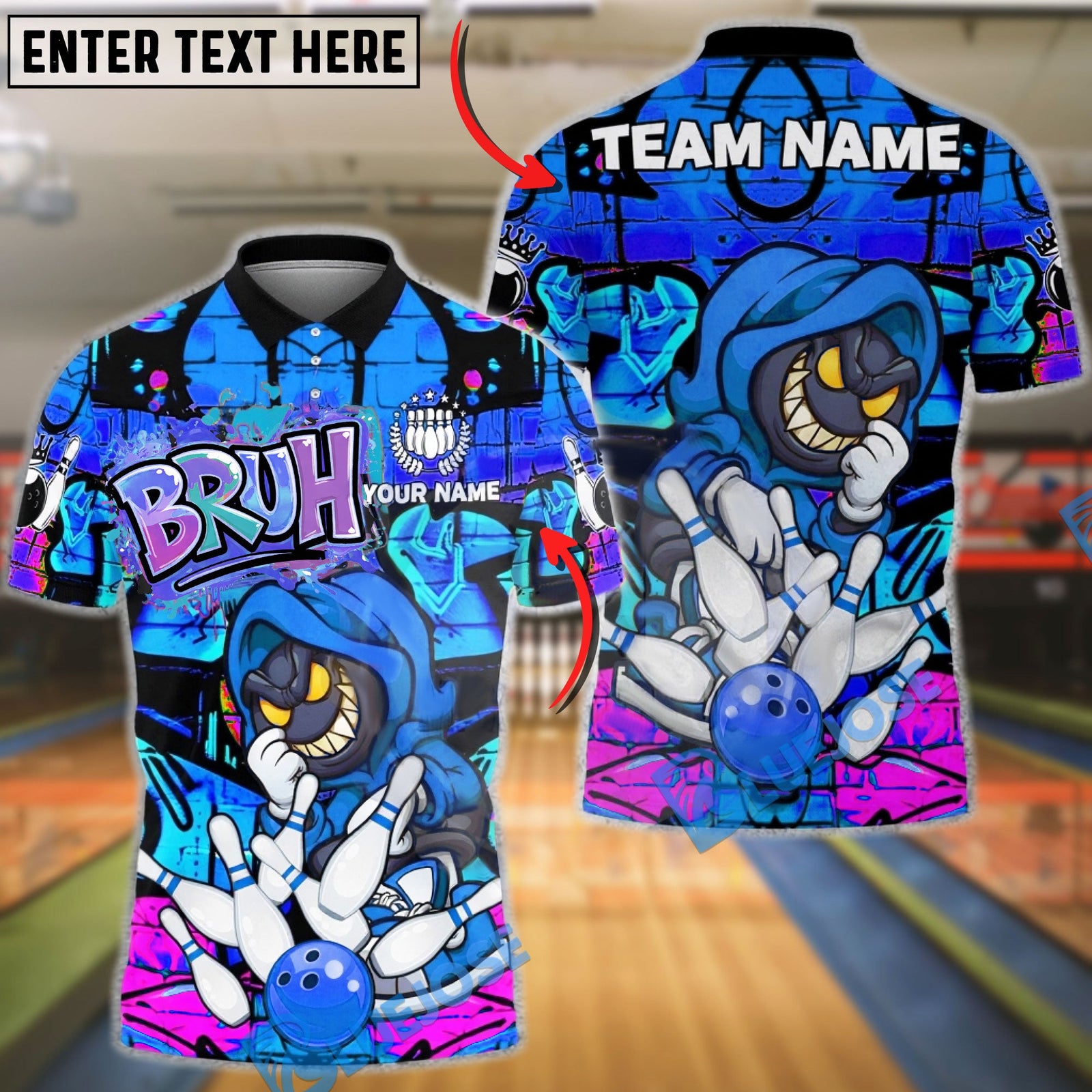 BlueJose Bowling & Pins Smile Face Neon Graffiti Customized Name, Team Name 3D Shirt (4 Colors)