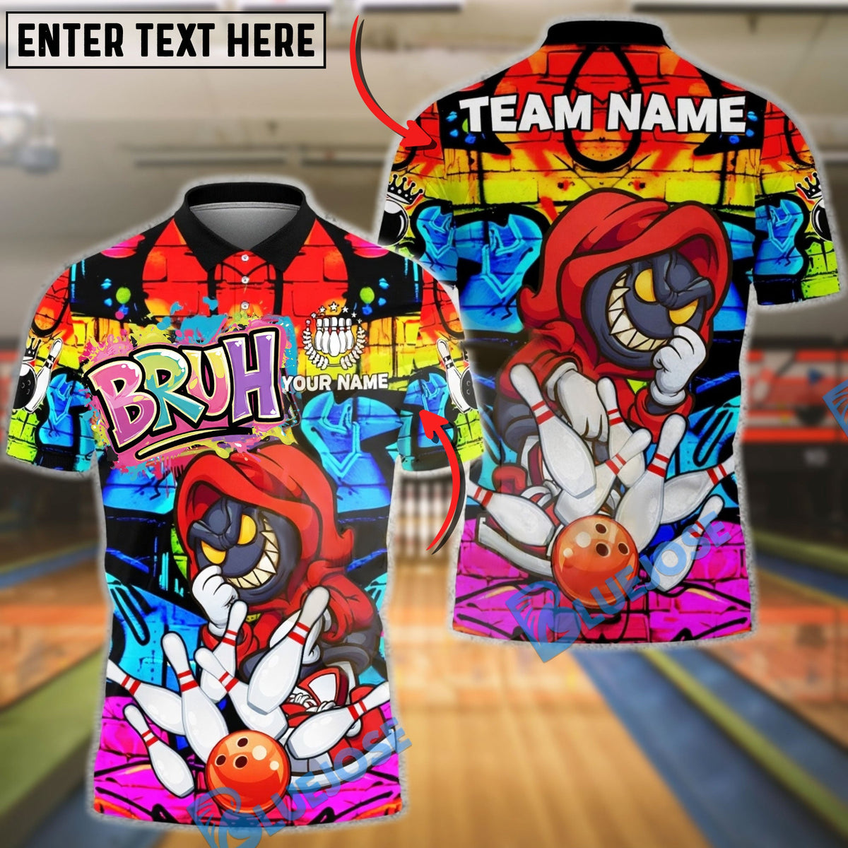 BlueJose Bowling &amp; Pins Smile Face Neon Graffiti Customized Name, Team Name 3D Shirt (4 Colors)