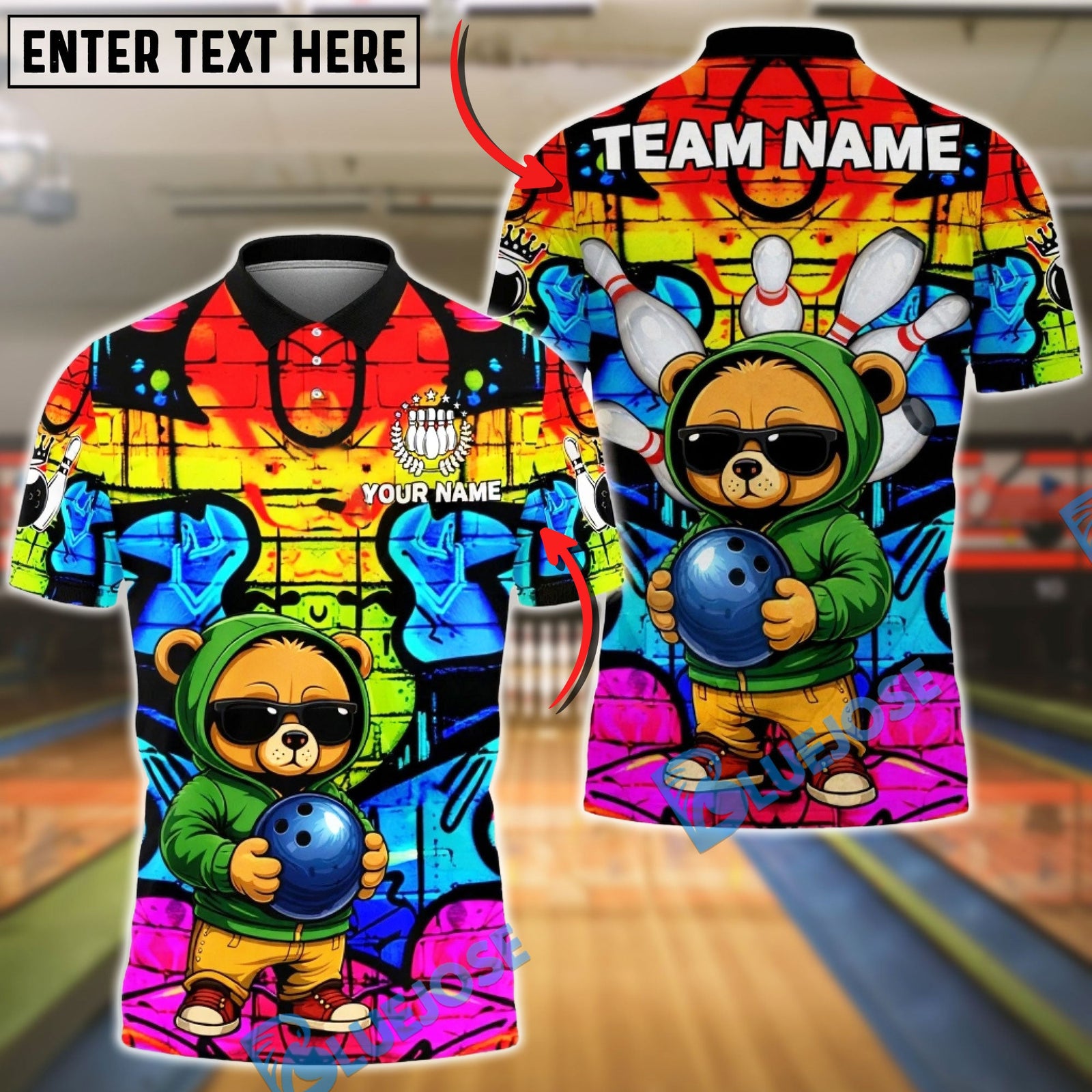 BlueJose Bowling & Pins Bear Street Style Hoodie Urban Graffiti Customized Name, Team Name 3D Shirt (4 Colors)