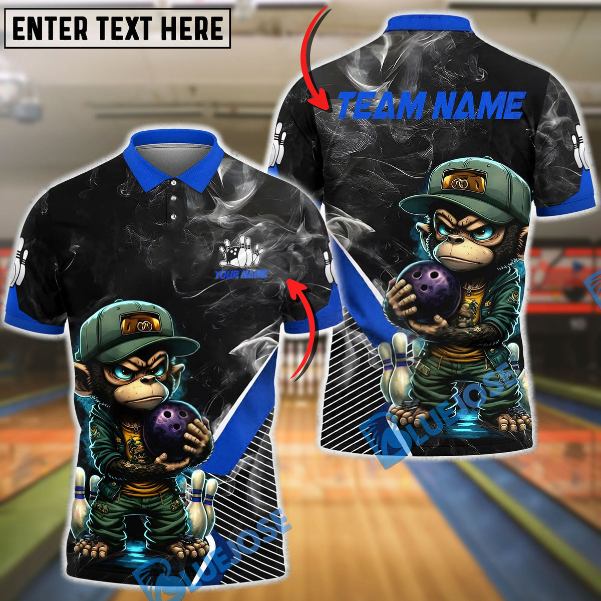 BlueJose Bowling & Pins Monkey Angry Cartoon Monkey Holding Bowling Ball Smoke Effect Customized Name, Team Name 3D Shirt (4 Colors)