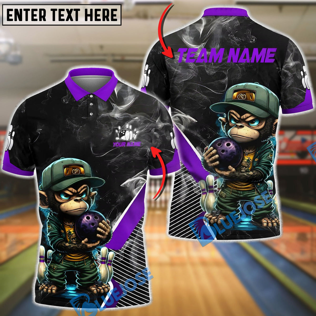 BlueJose Bowling & Pins Monkey Angry Cartoon Monkey Holding Bowling Ball Smoke Effect Customized Name, Team Name 3D Shirt (4 Colors)
