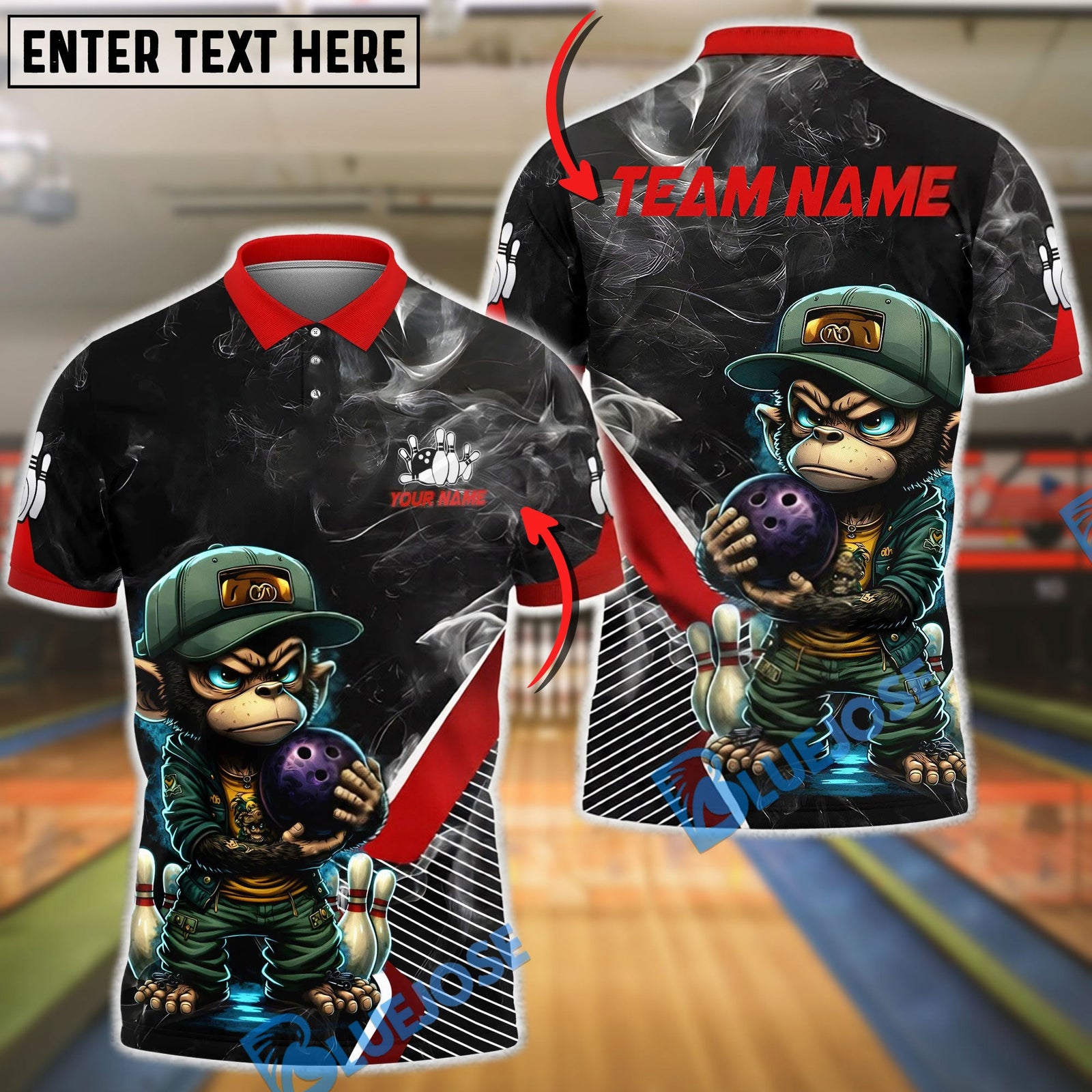 BlueJose Bowling & Pins Monkey Angry Cartoon Monkey Holding Bowling Ball Smoke Effect Customized Name, Team Name 3D Shirt (4 Colors)