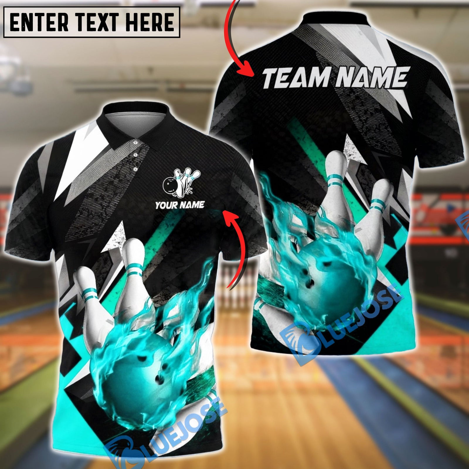 BlueJose Bowling & Pins Abstract Fire Ball Black Lightning Customized Name, Team Name 3D Shirt (4 Colors)