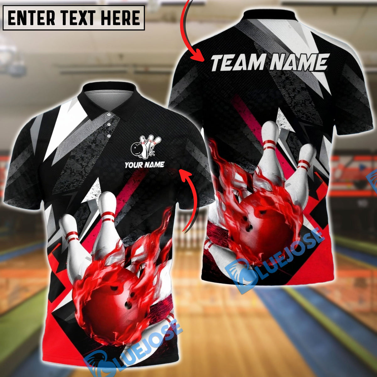 BlueJose Bowling &amp; Pins Abstract Fire Ball Black Lightning Customized Name, Team Name 3D Shirt (4 Colors)