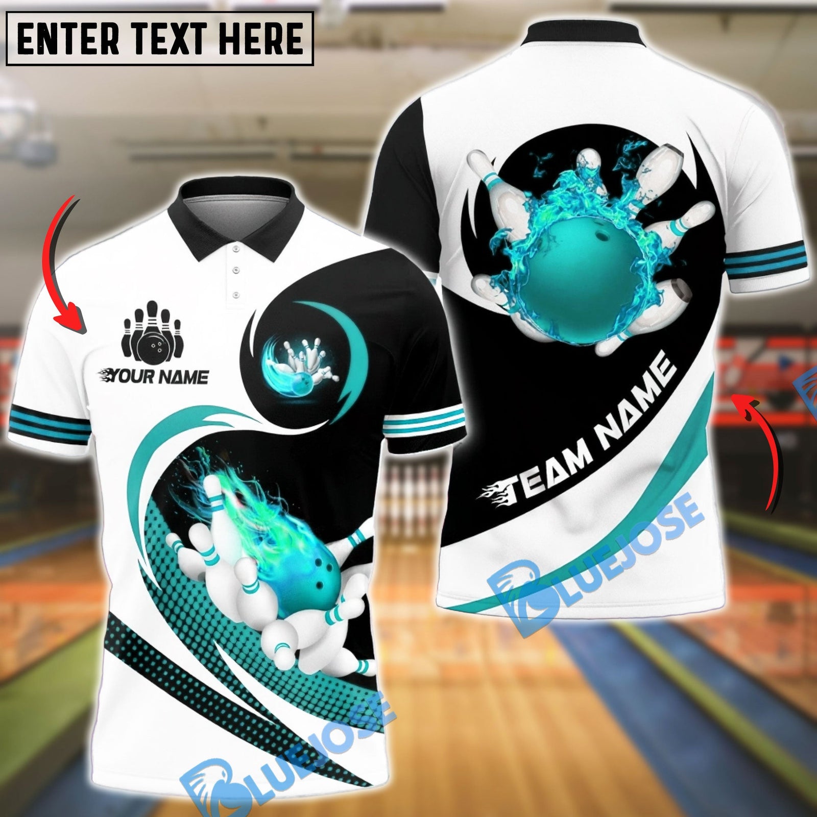 BlueJose Bowling & Pins Fire White & Black Customized Name, Team Name 3D Shirt (4 Colors)