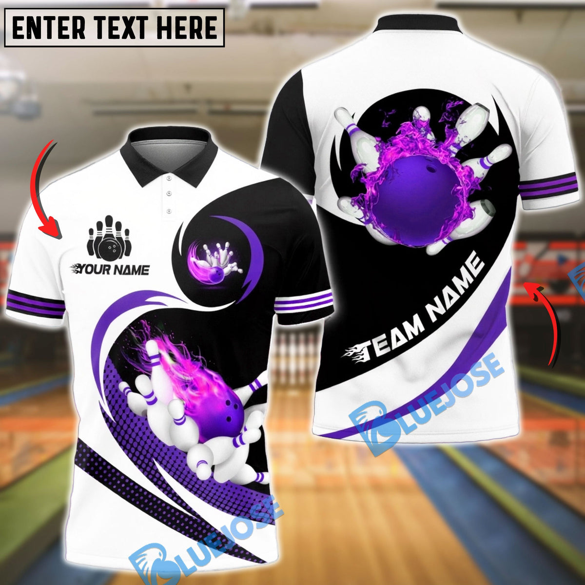 BlueJose Bowling & Pins Fire White & Black Customized Name, Team Name 3D Shirt (4 Colors)