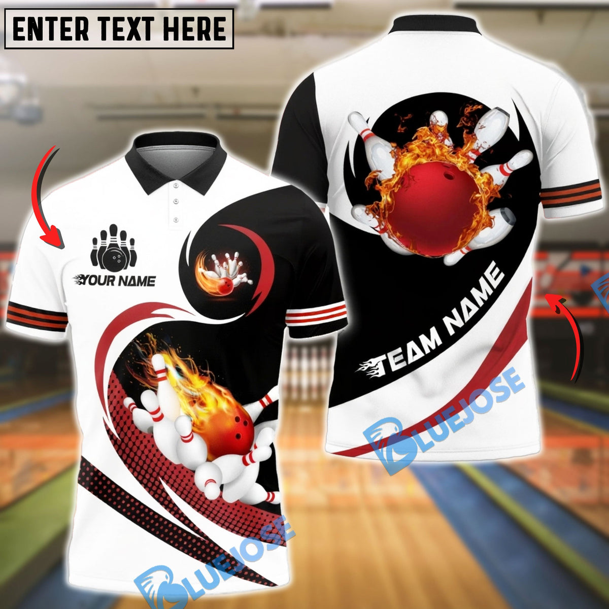 BlueJose Bowling &amp; Pins Fire White &amp; Black Customized Name, Team Name 3D Shirt (4 Colors)