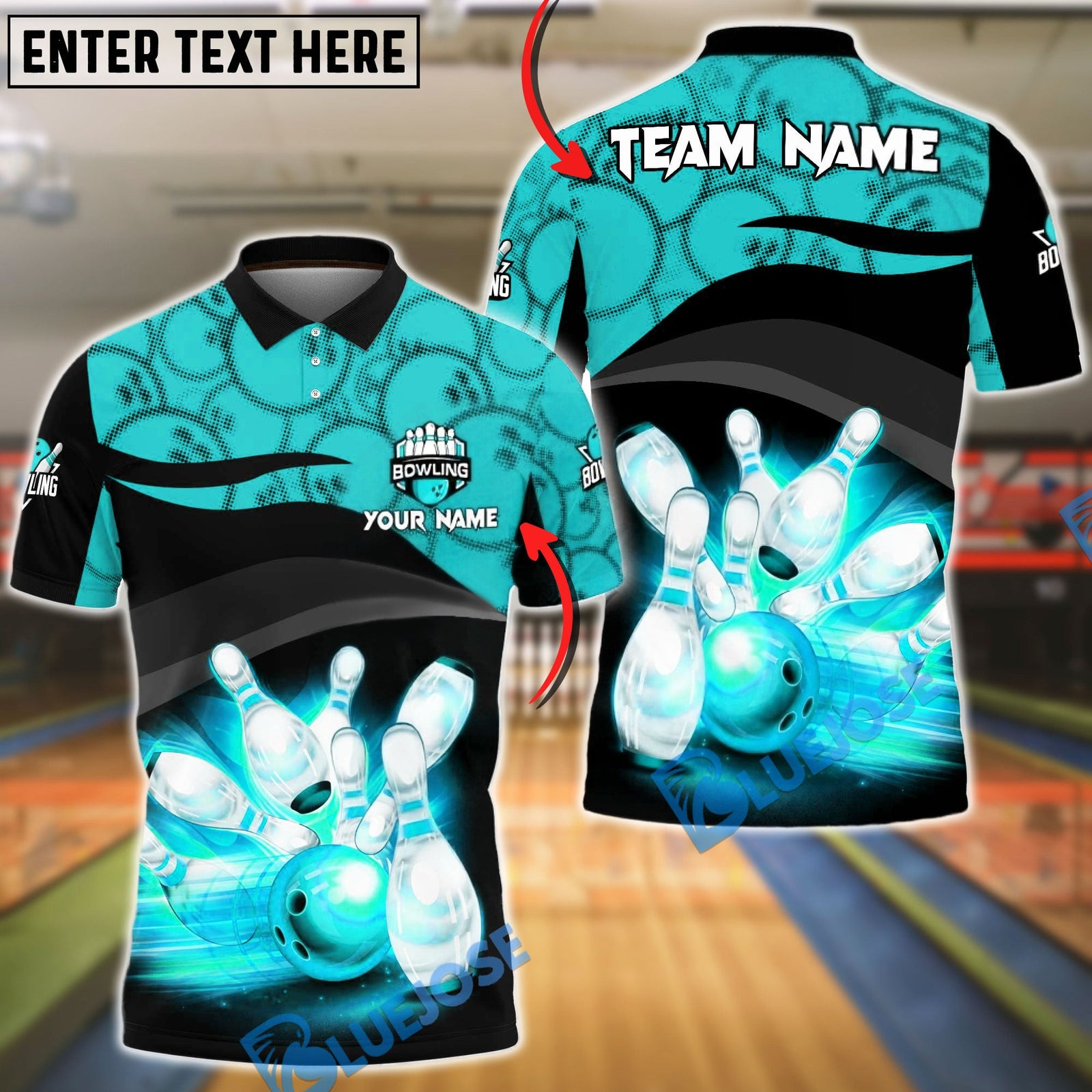 BlueJose Bowling & Pins Flaming Striking Gray Black Geometric Customized Name, Team Name 3D Shirt (4 Colors)