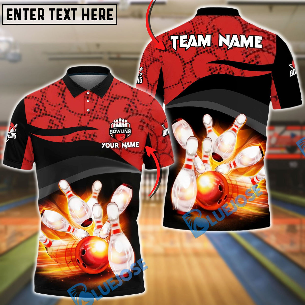 BlueJose Bowling &amp; Pins Flaming Striking Gray Black Geometric Customized Name, Team Name 3D Shirt (4 Colors)