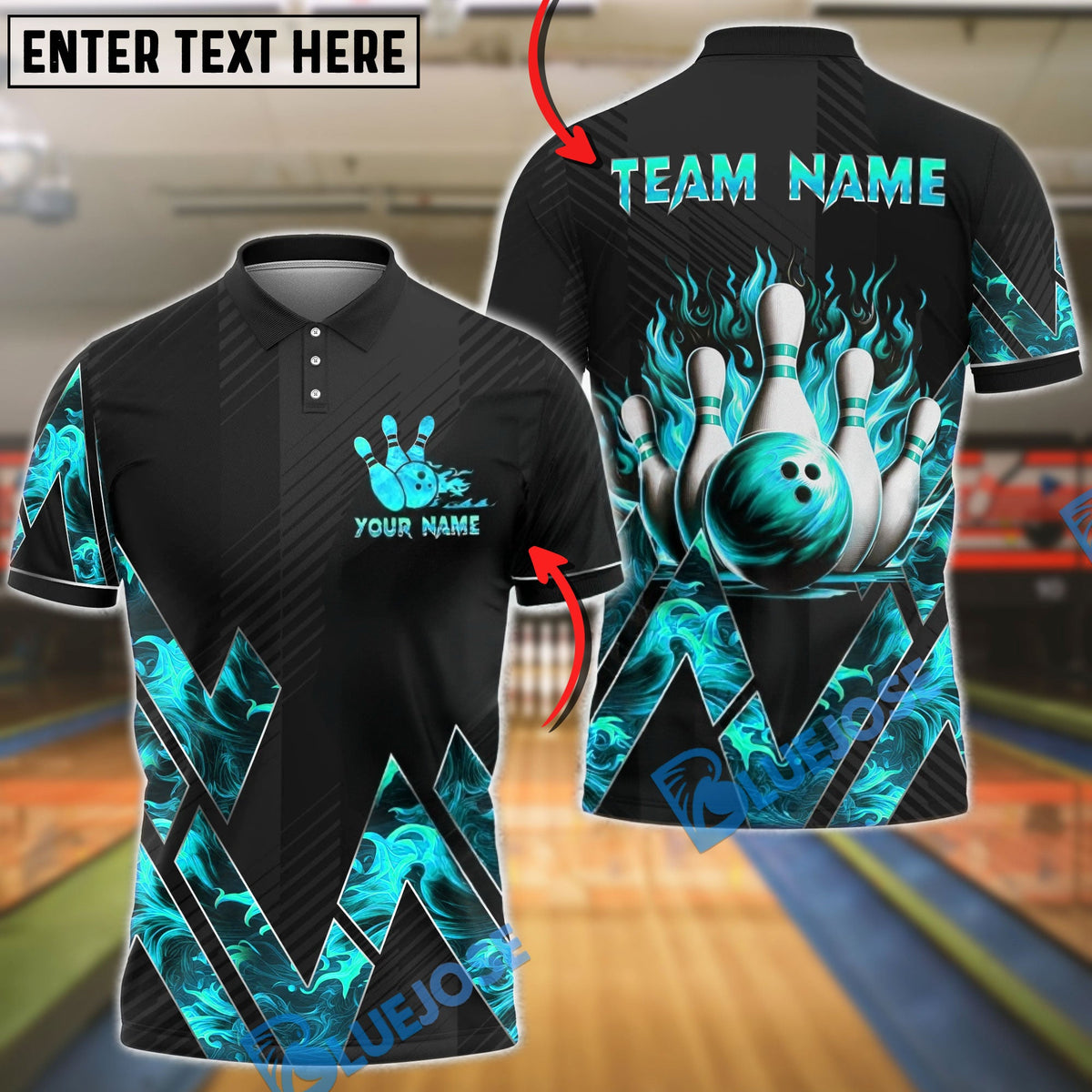 BlueJose Bowling & Pins Fire Graphic Flame Design Customized Name, Team Name 3D Shirt (4 Colors)