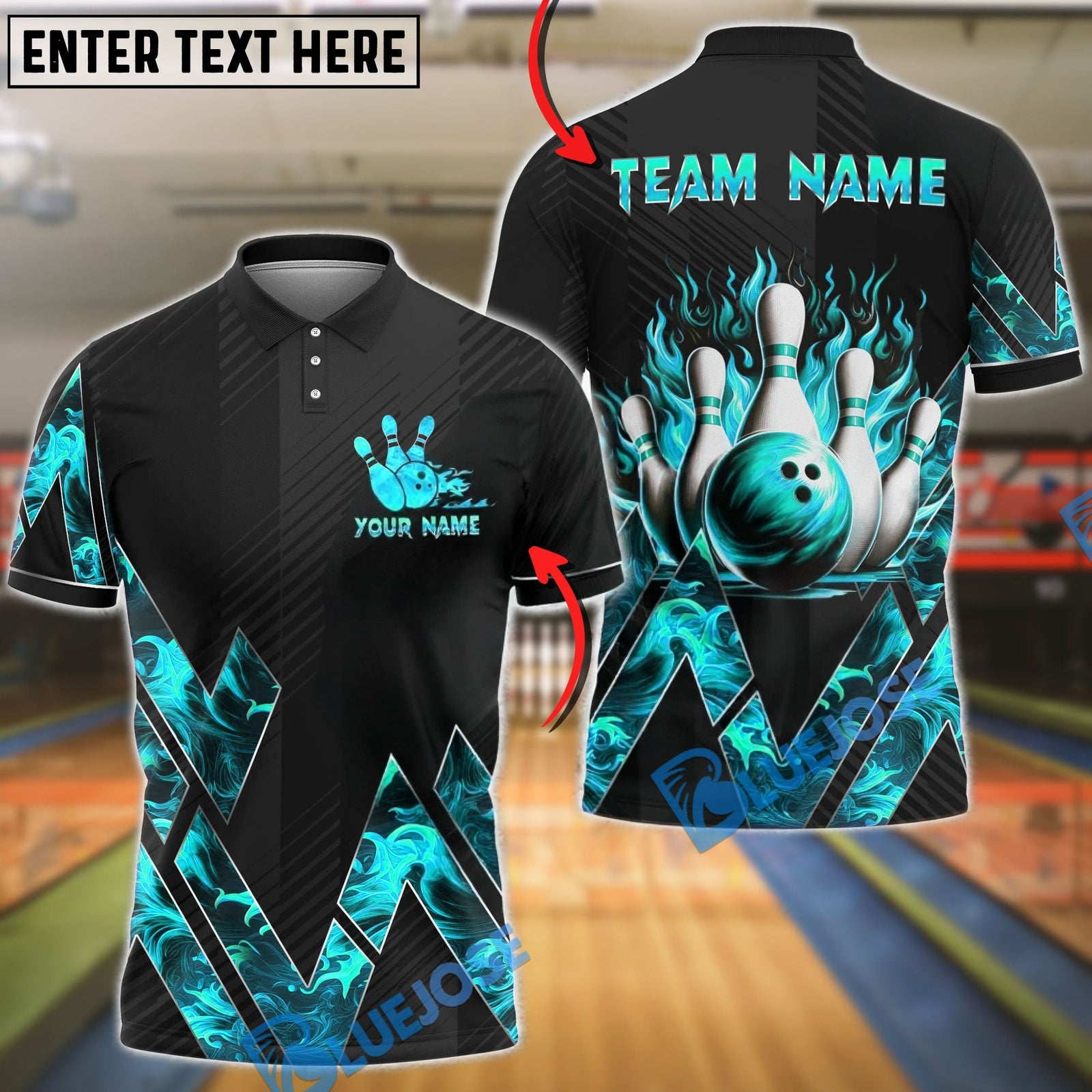 BlueJose Bowling & Pins Fire Graphic Flame Design Customized Name, Team Name 3D Shirt (4 Colors)