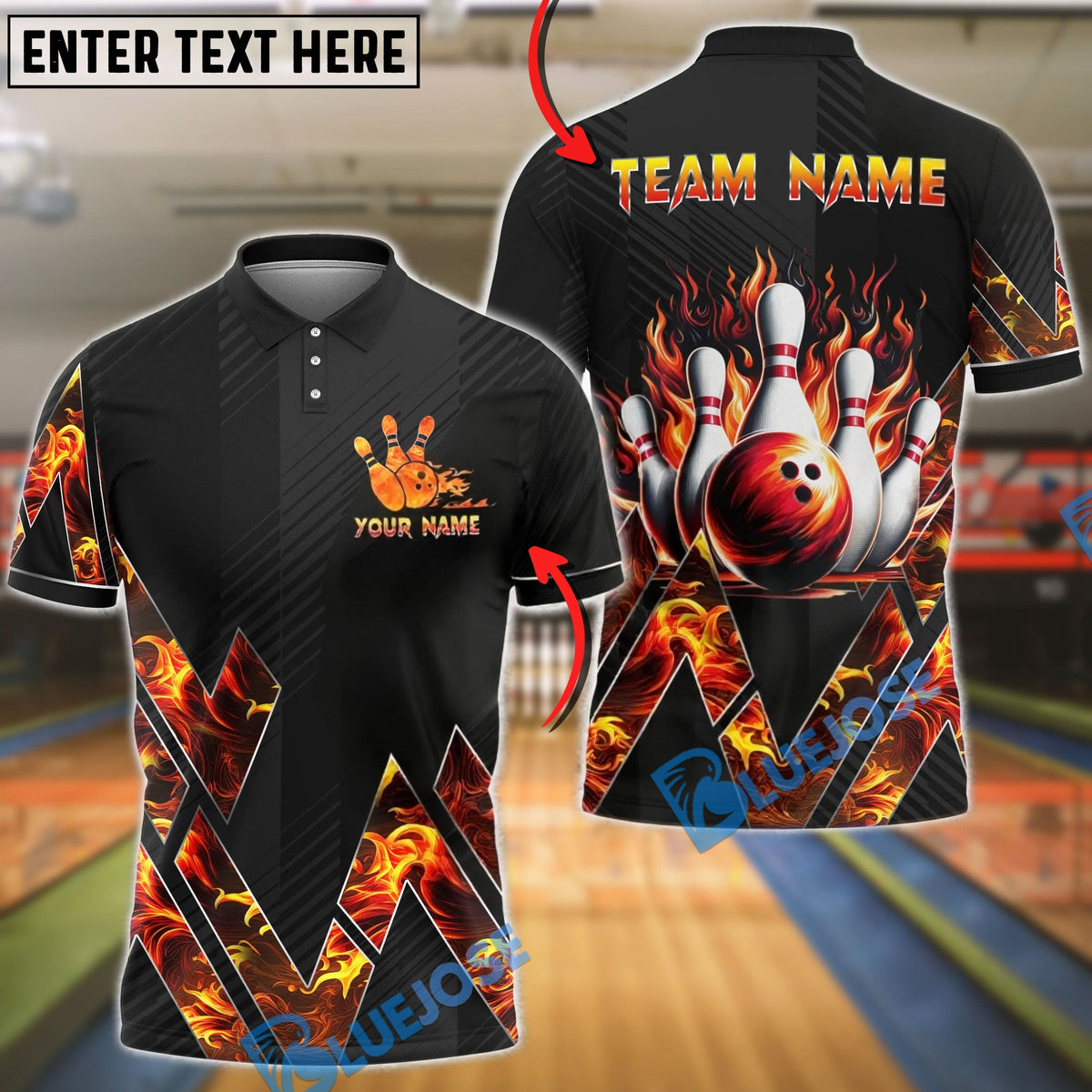BlueJose Bowling &amp; Pins Fire Graphic Flame Design Customized Name, Team Name 3D Shirt (4 Colors)
