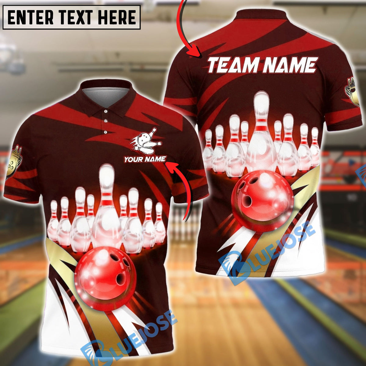 BlueJose Bowling &amp; Pins 10 Pins Strike Maroon &amp; White Graphic Customized Name, Team Name 3D Shirt (4 Colors)