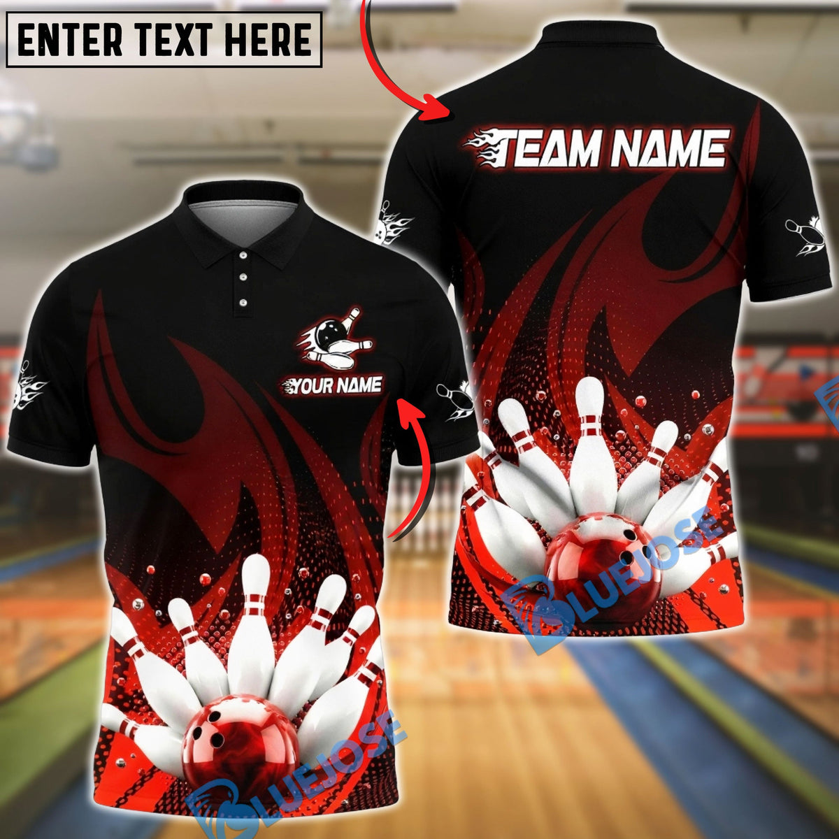 BlueJose Bowling &amp; Pins Flame Fire &amp; Marble Ball Art Customized Name, Team Name 3D Shirt (4 Colors)