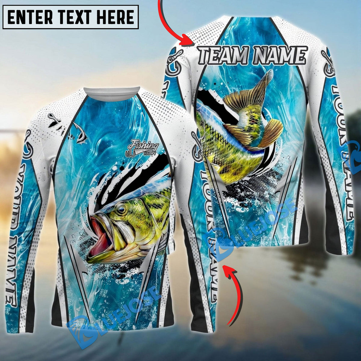 Bluejose Bass Fishing Dynamic Water Splash Design Custom Name &amp; Team Name 3D Shirts