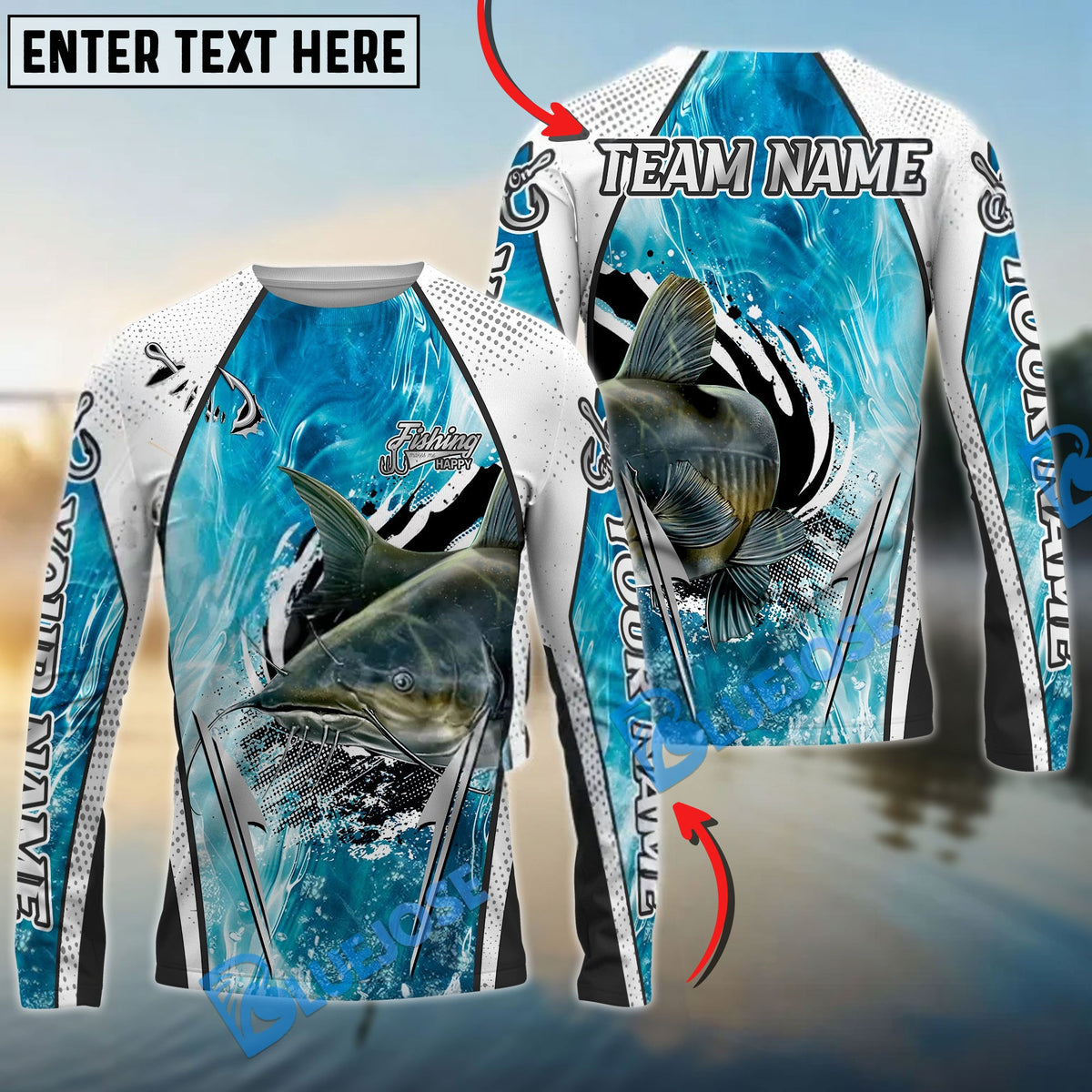 Bluejose Catfish Fishing Dynamic Water Splash Design Custom Name &amp; Team Name 3D Shirts