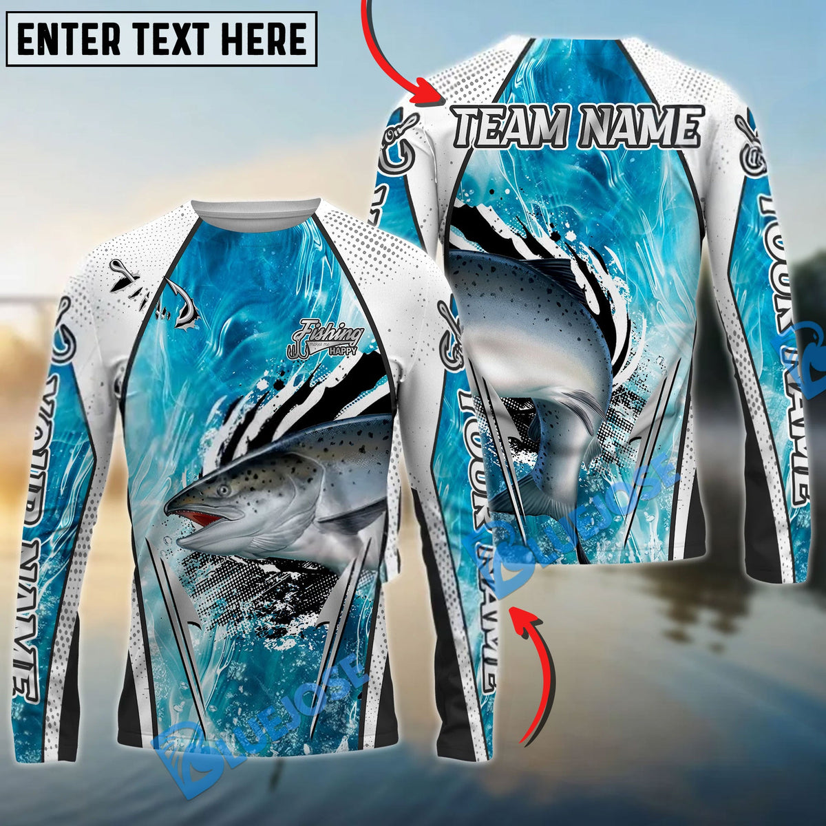 Bluejose Chinook Fishing Dynamic Water Splash Design Custom Name &amp; Team Name 3D Shirts