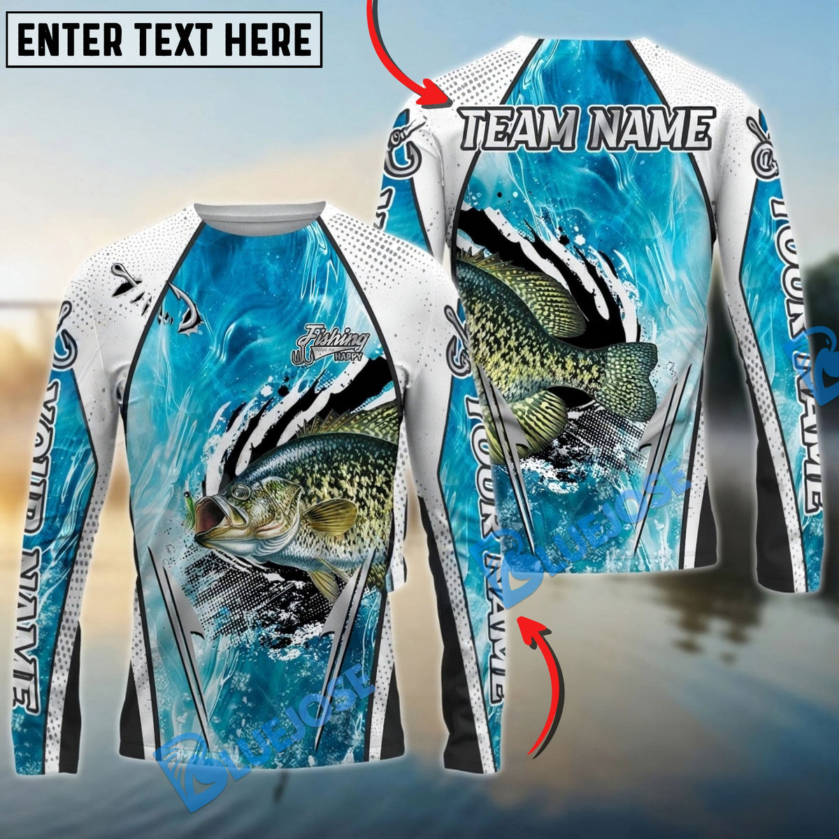 Bluejose Crappie Fishing Dynamic Water Splash Design Custom Name &amp; Team Name 3D Shirts
