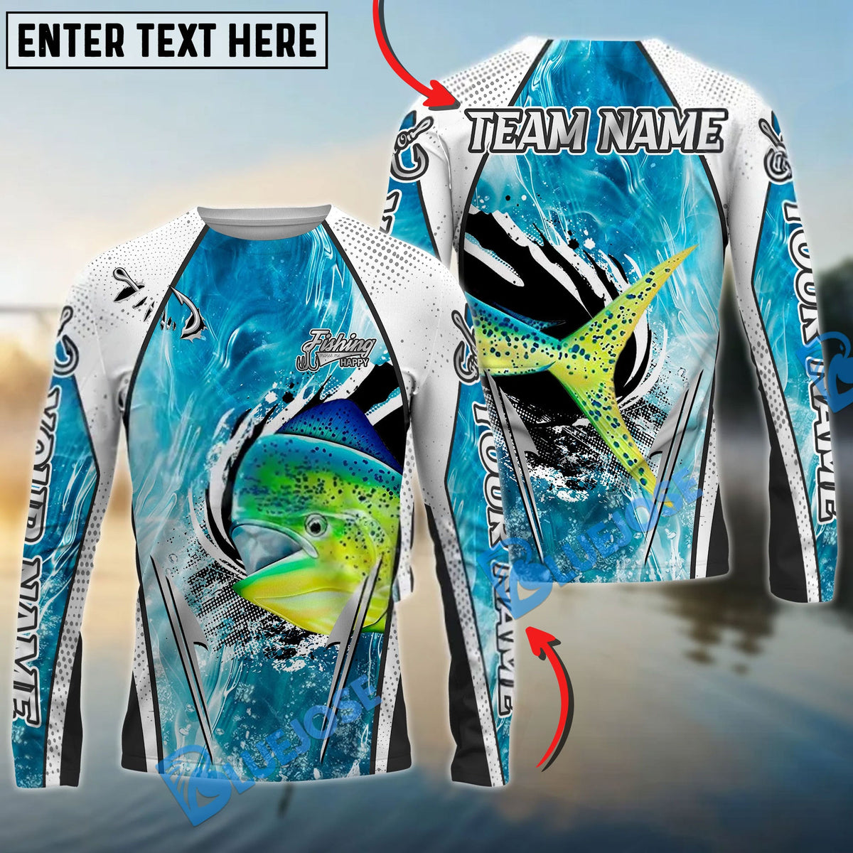 Bluejose Mahi-Mahi Fishing Dynamic Water Splash Design Custom Name &amp; Team Name 3D Shirts