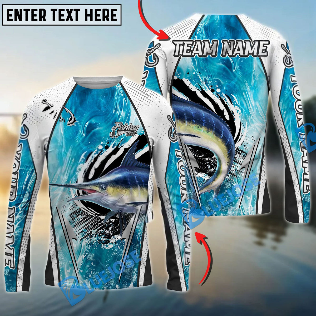 Bluejose Marlin Fishing Dynamic Water Splash Design Custom Name &amp; Team Name 3D Shirts