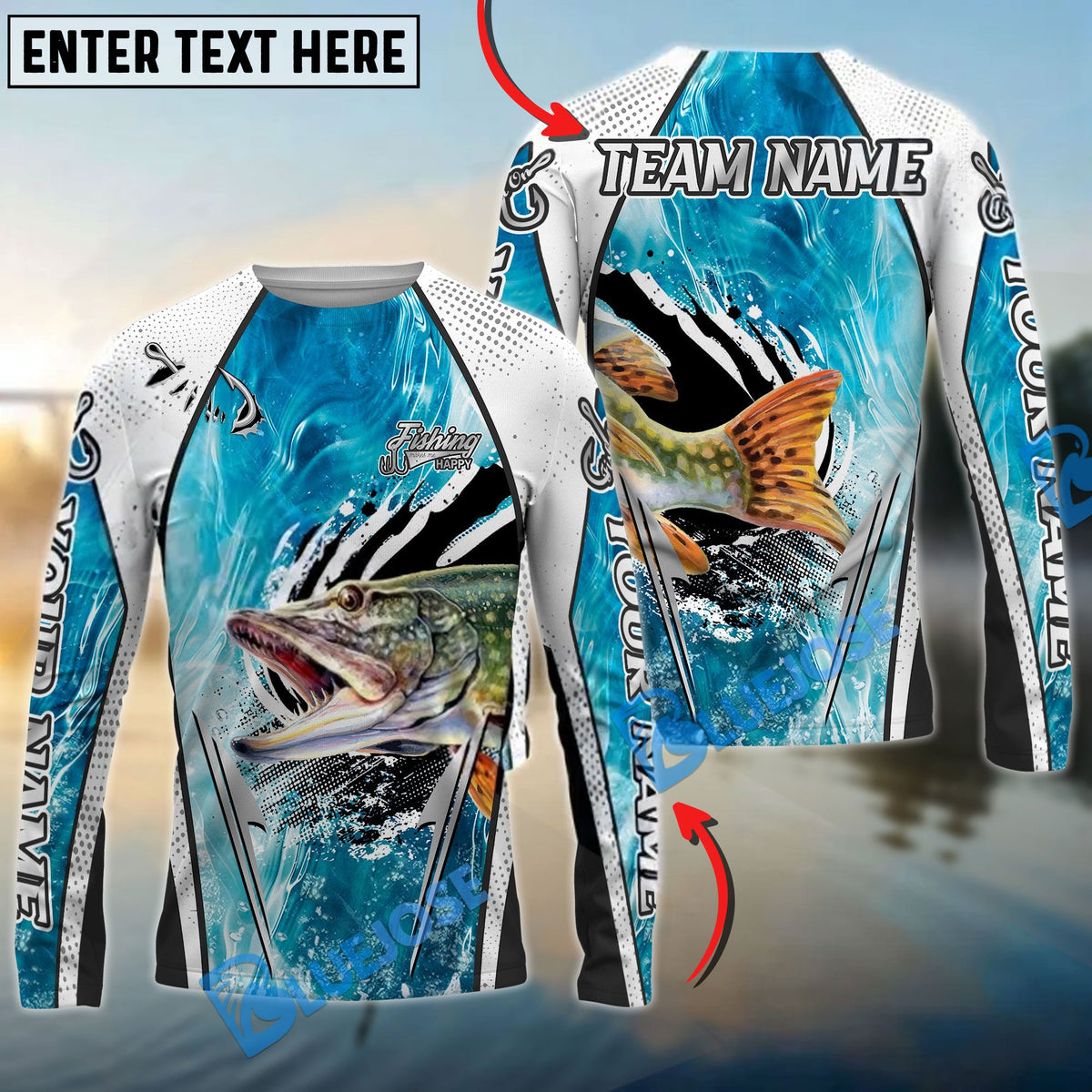 Bluejose Pike Fishing Dynamic Water Splash Design Custom Name &amp; Team Name 3D Shirts