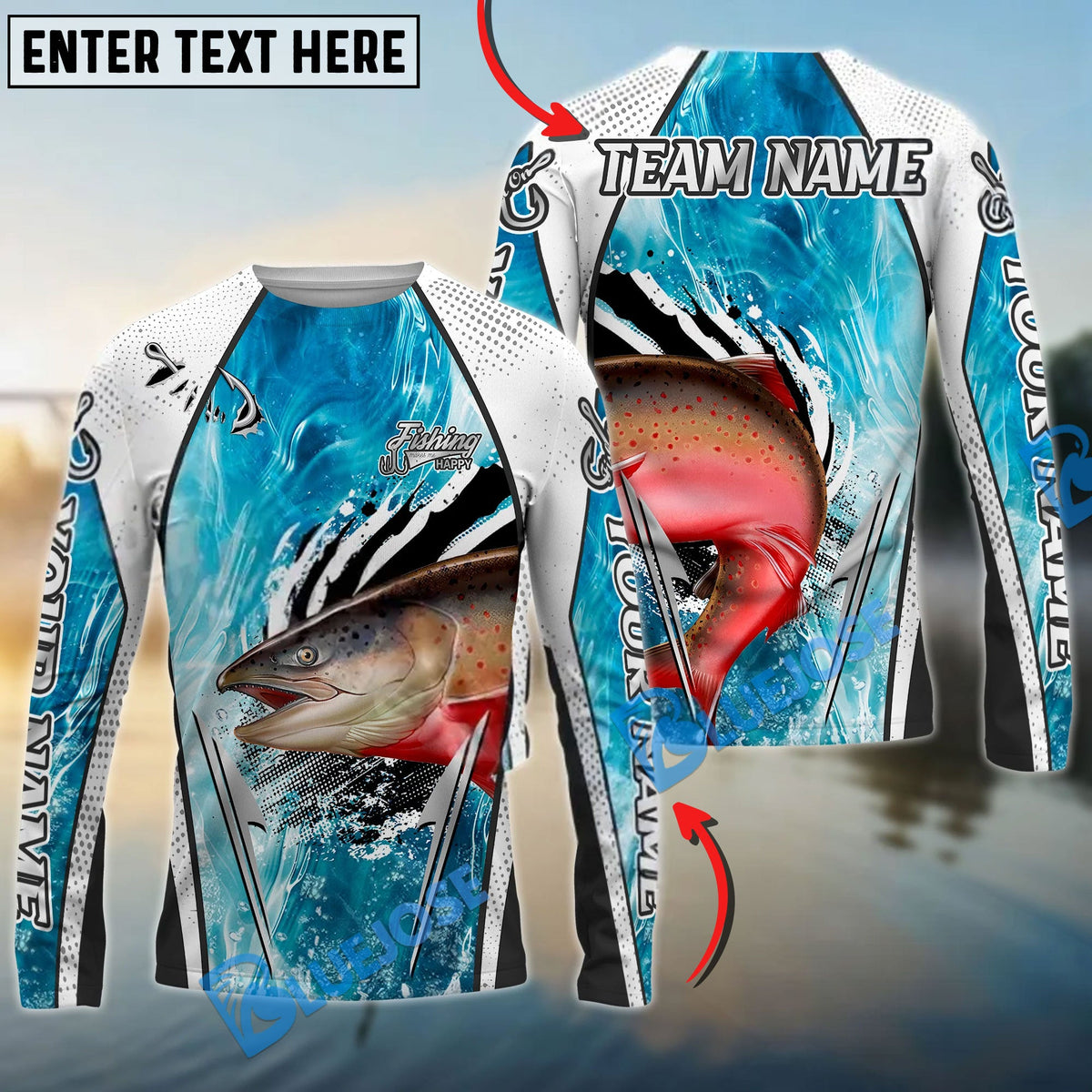 Bluejose Salmon Fishing Dynamic Water Splash Design Custom Name &amp; Team Name 3D Shirts