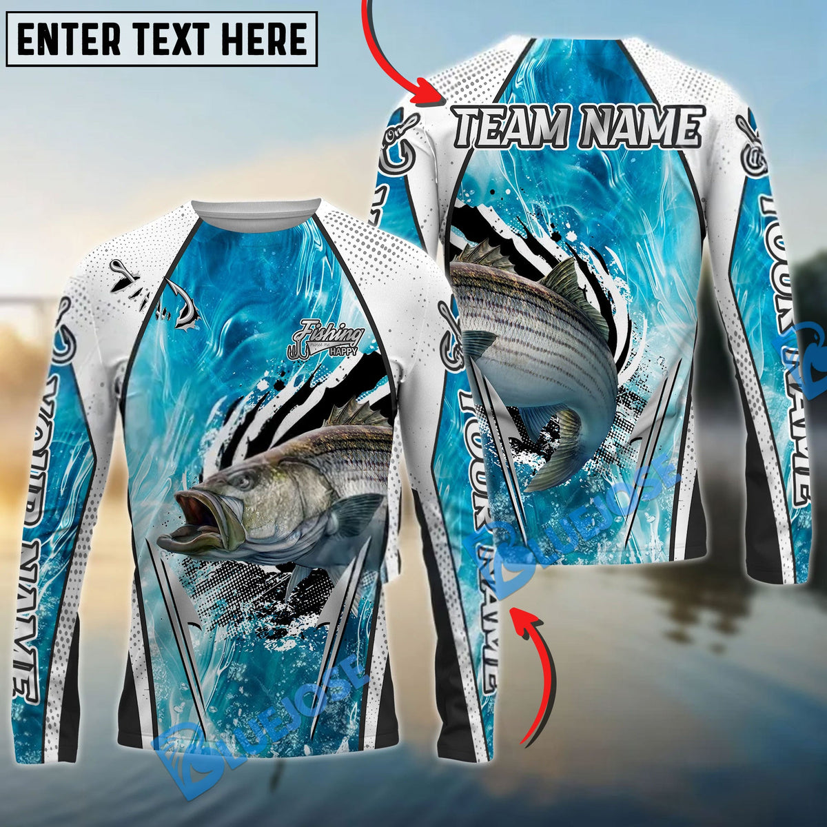Bluejose Striped Bass Fishing Dynamic Water Splash Design Custom Name &amp; Team Name 3D Shirts