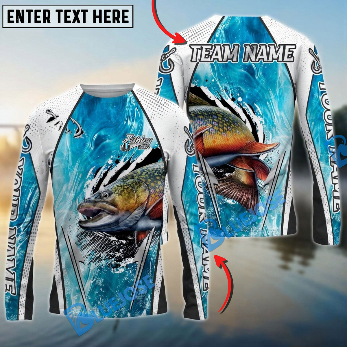 Bluejose Trout Fishing Dynamic Water Splash Design Custom Name &amp; Team Name 3D Shirts