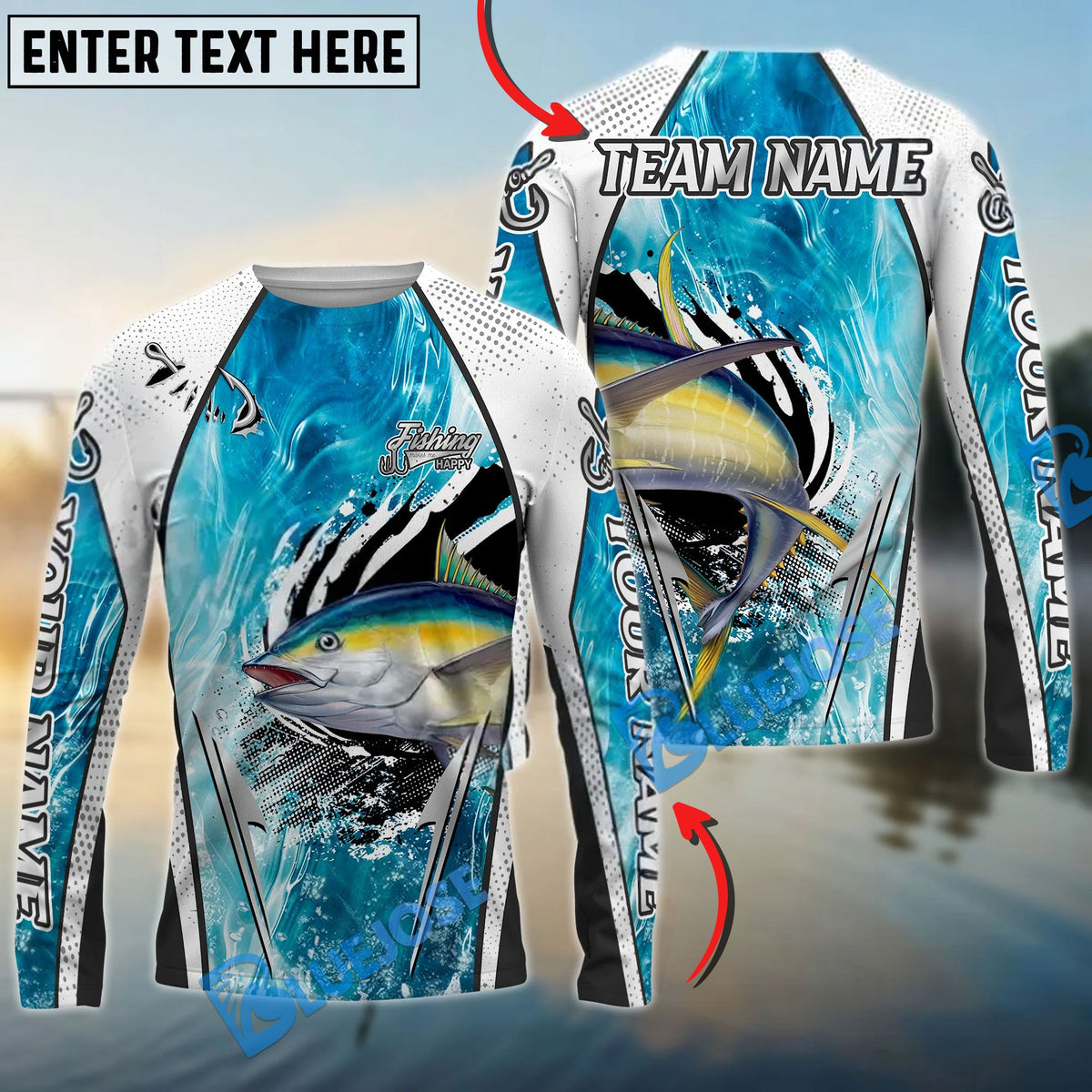 Bluejose Tuna Fishing Dynamic Water Splash Design Custom Name &amp; Team Name 3D Shirts