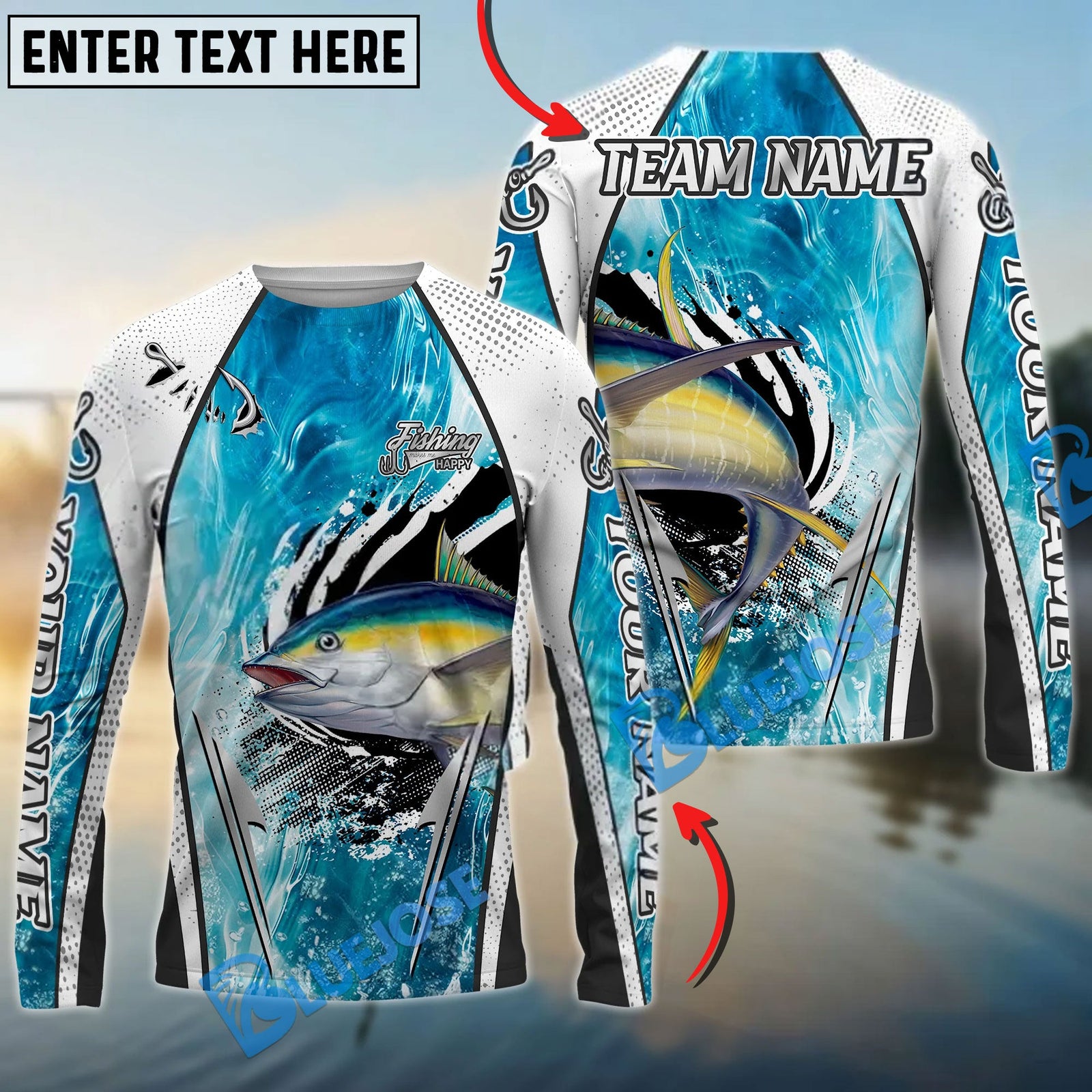 Bluejose Tuna Fishing Dynamic Water Splash Design Custom Name & Team Name 3D Shirts