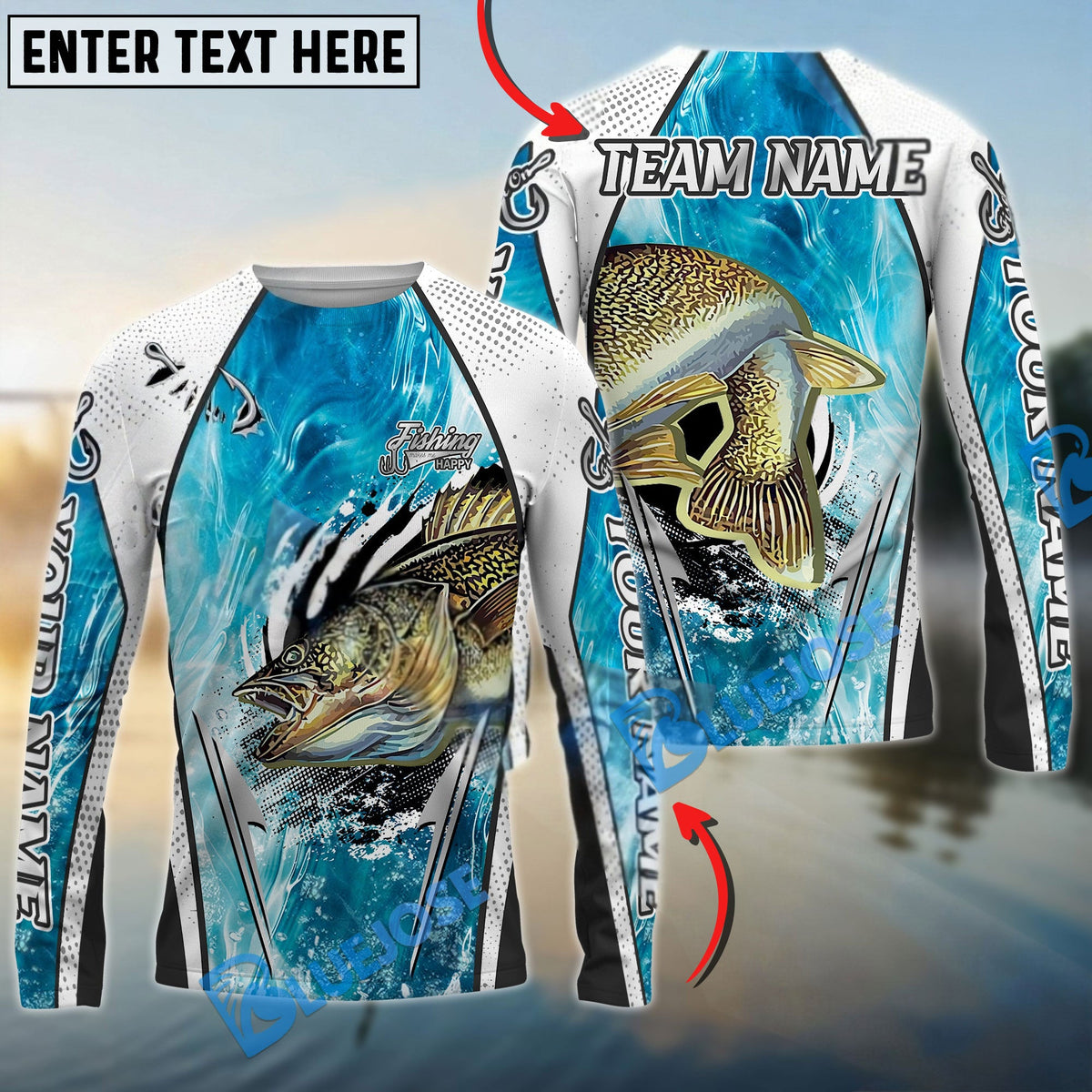 Bluejose Walleye Fishing Dynamic Water Splash Design Custom Name &amp; Team Name 3D Shirts